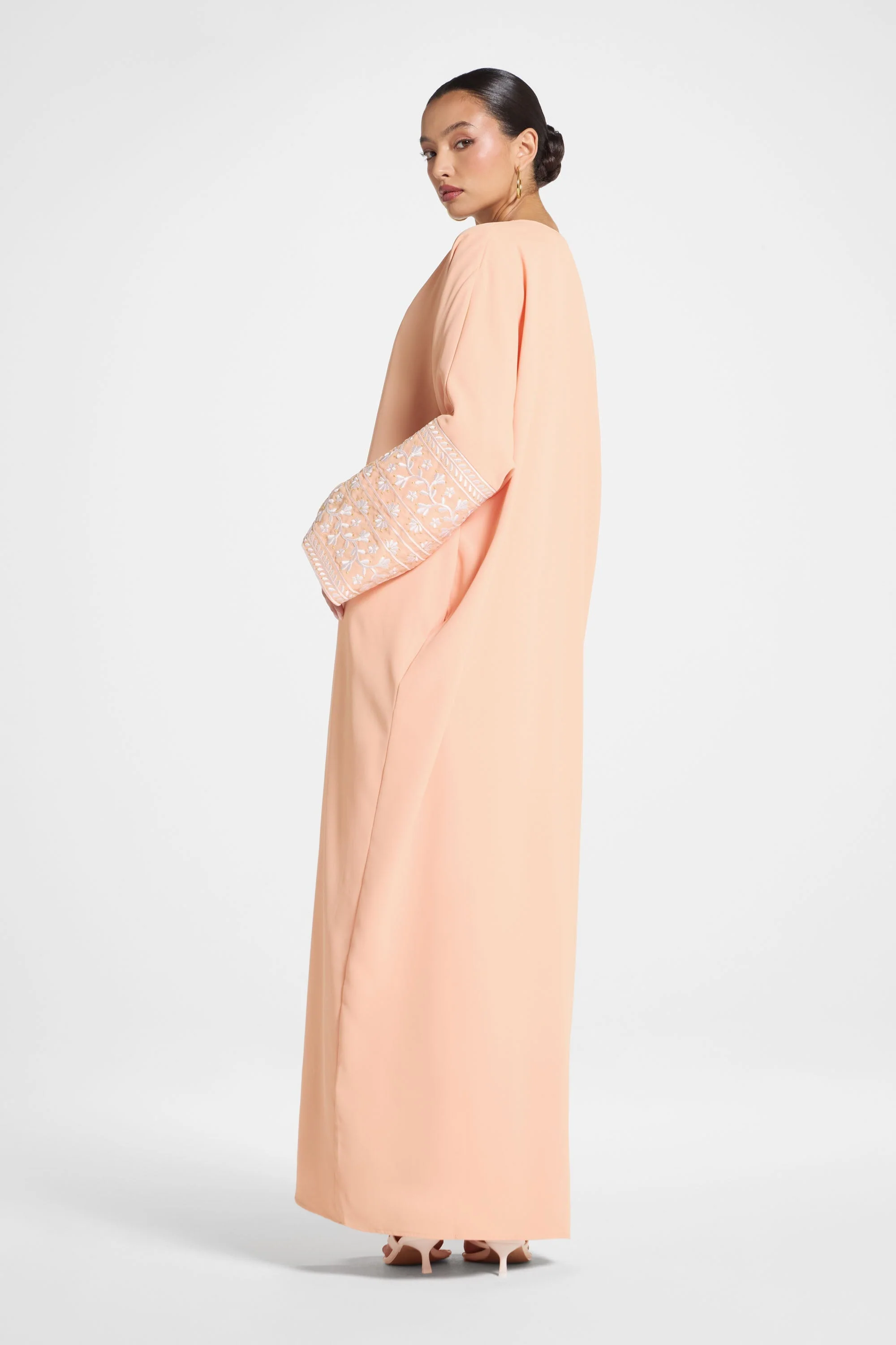Dalal Embroidered Open Abaya - Peach - Image 5