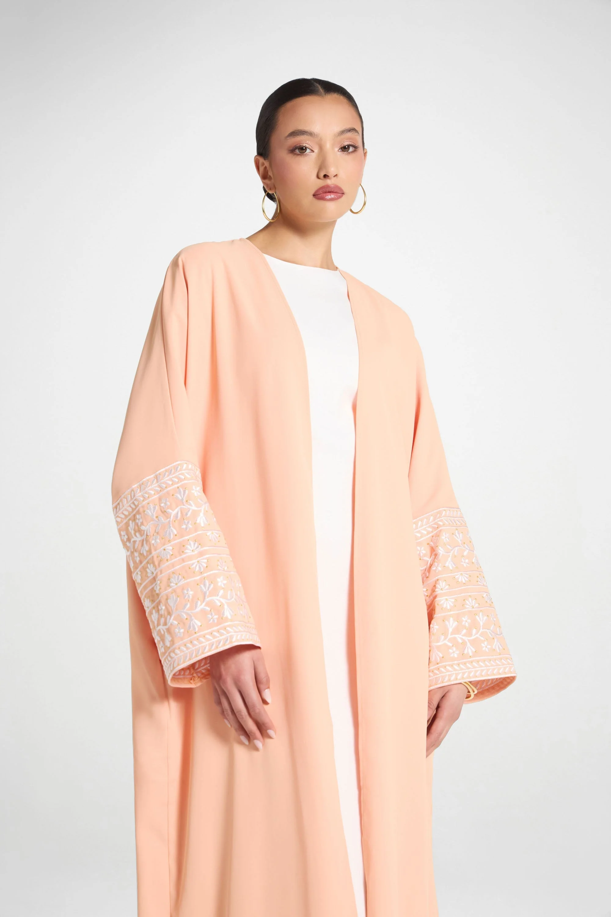Dalal Embroidered Open Abaya - Peach - Image 6