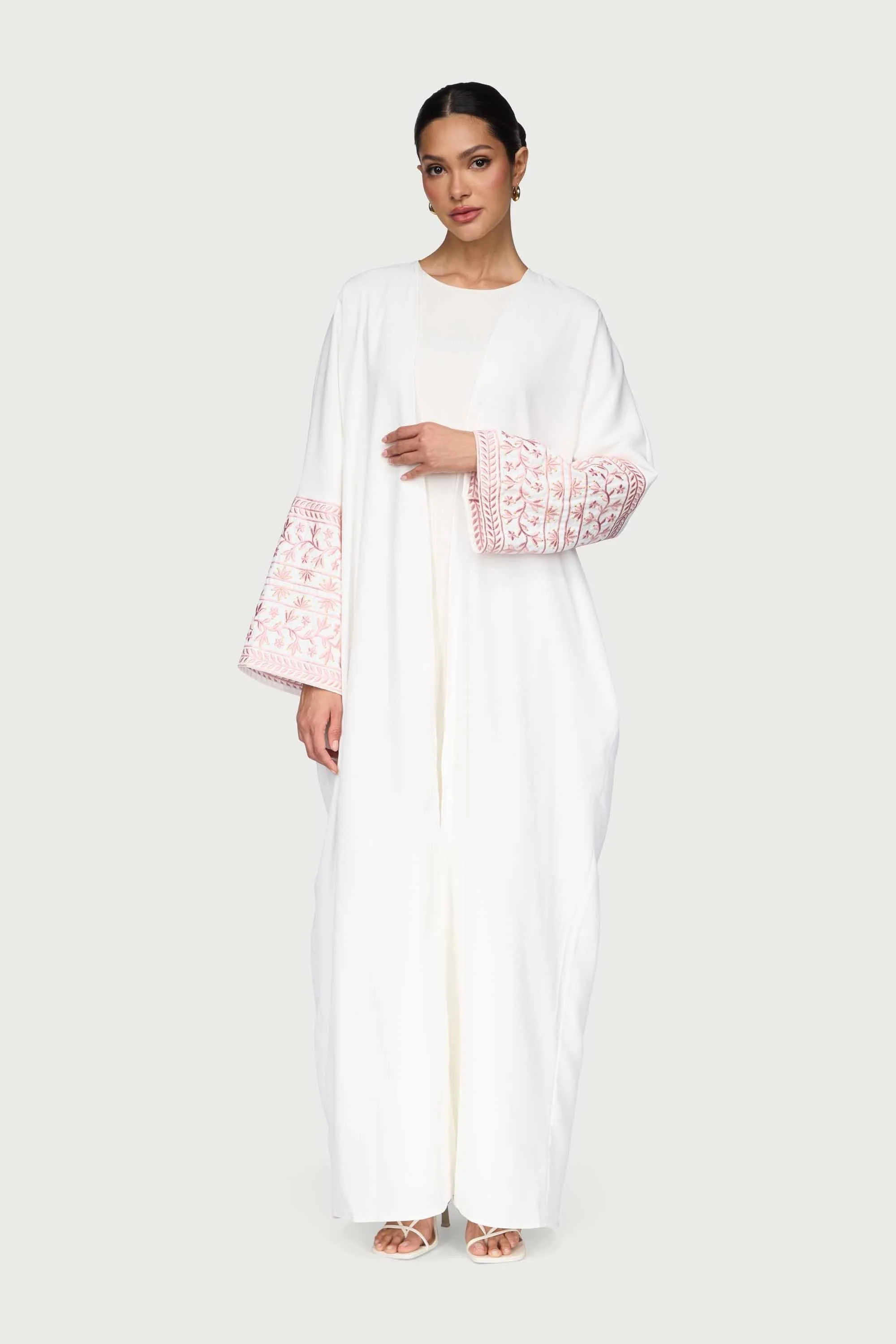 Dalal Embroidered Open Abaya - White - Image 3