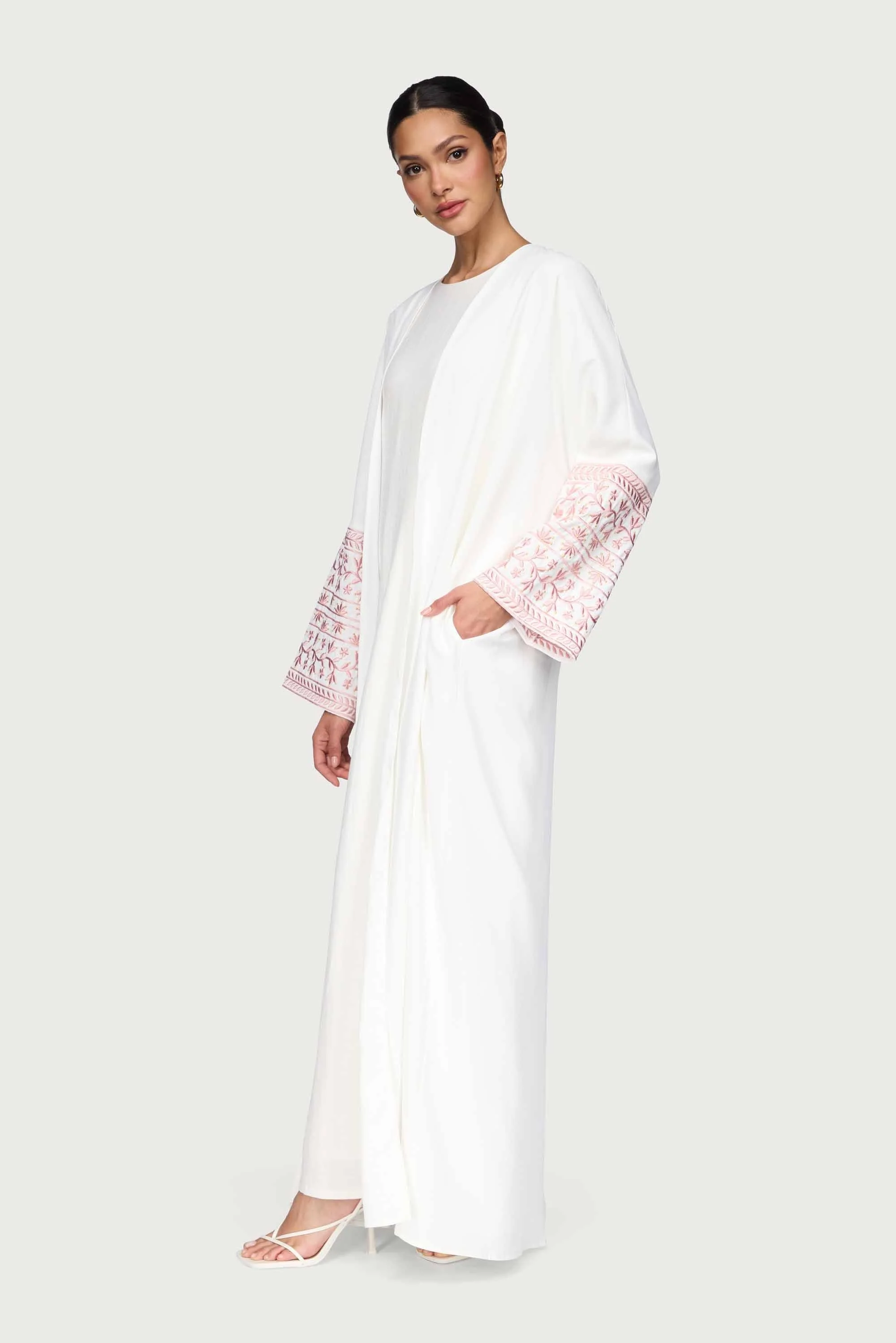 Dalal Embroidered Open Abaya - White - Image 4