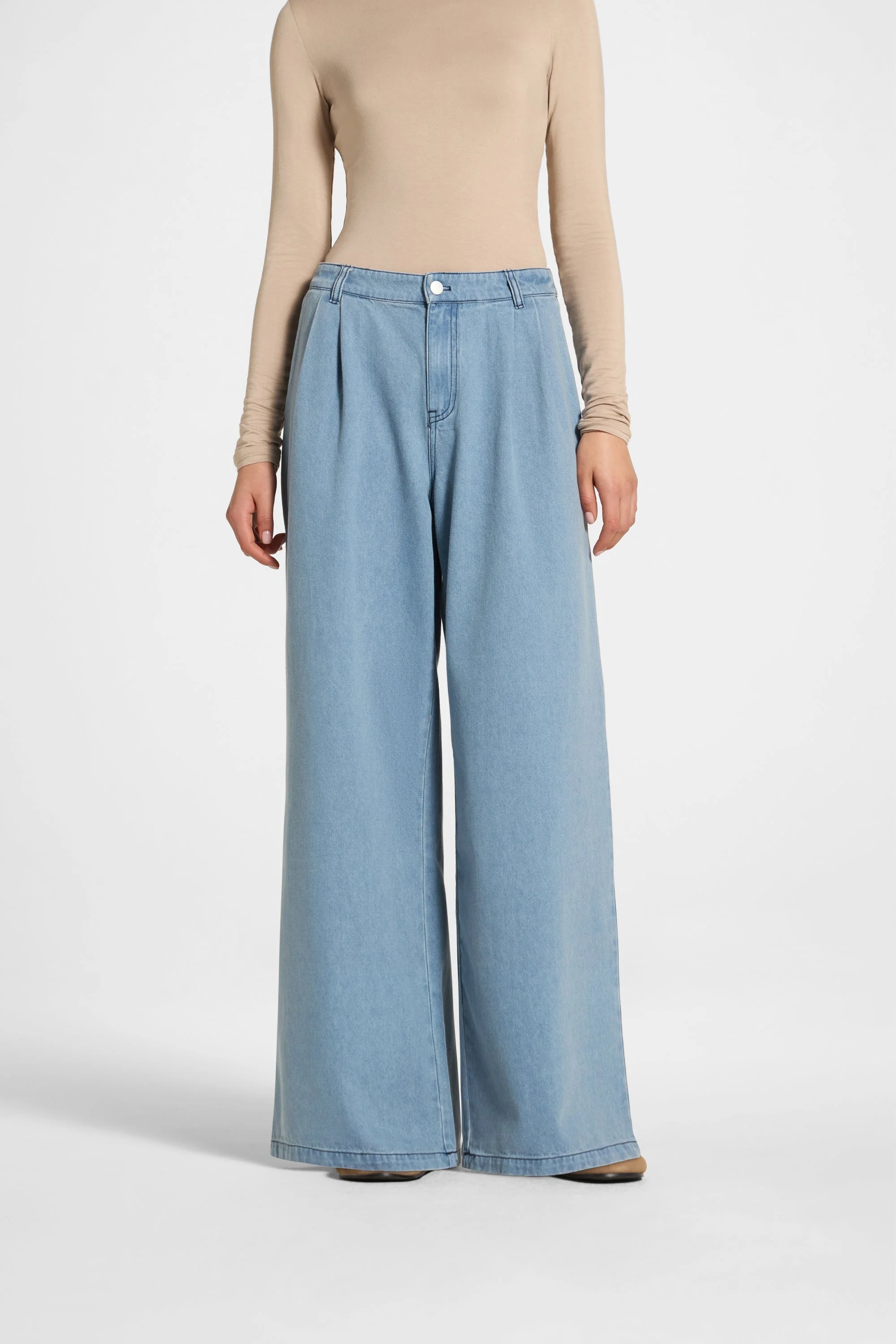 Denim Twin Pleat Pants - Light Wash - Image 2