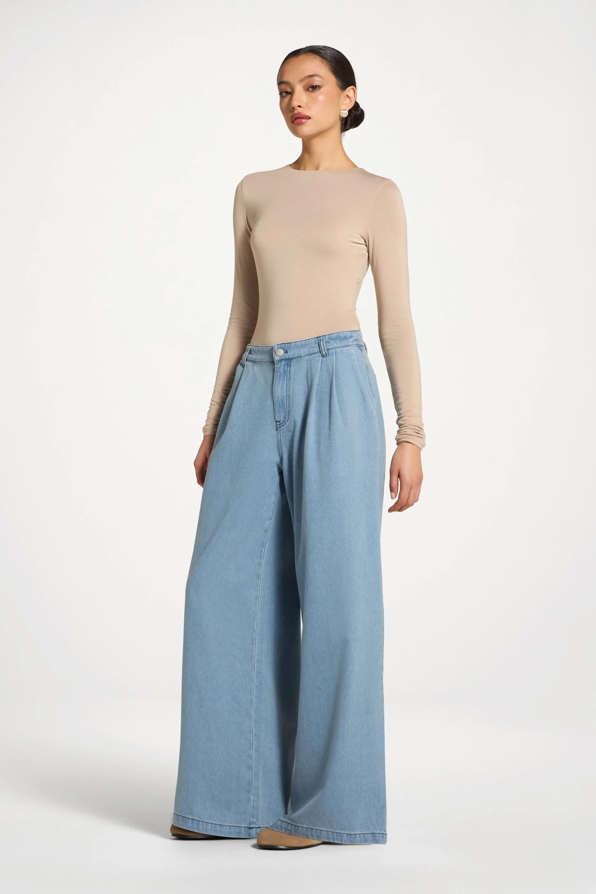 Denim Twin Pleat Pants - Light Wash - Image 3