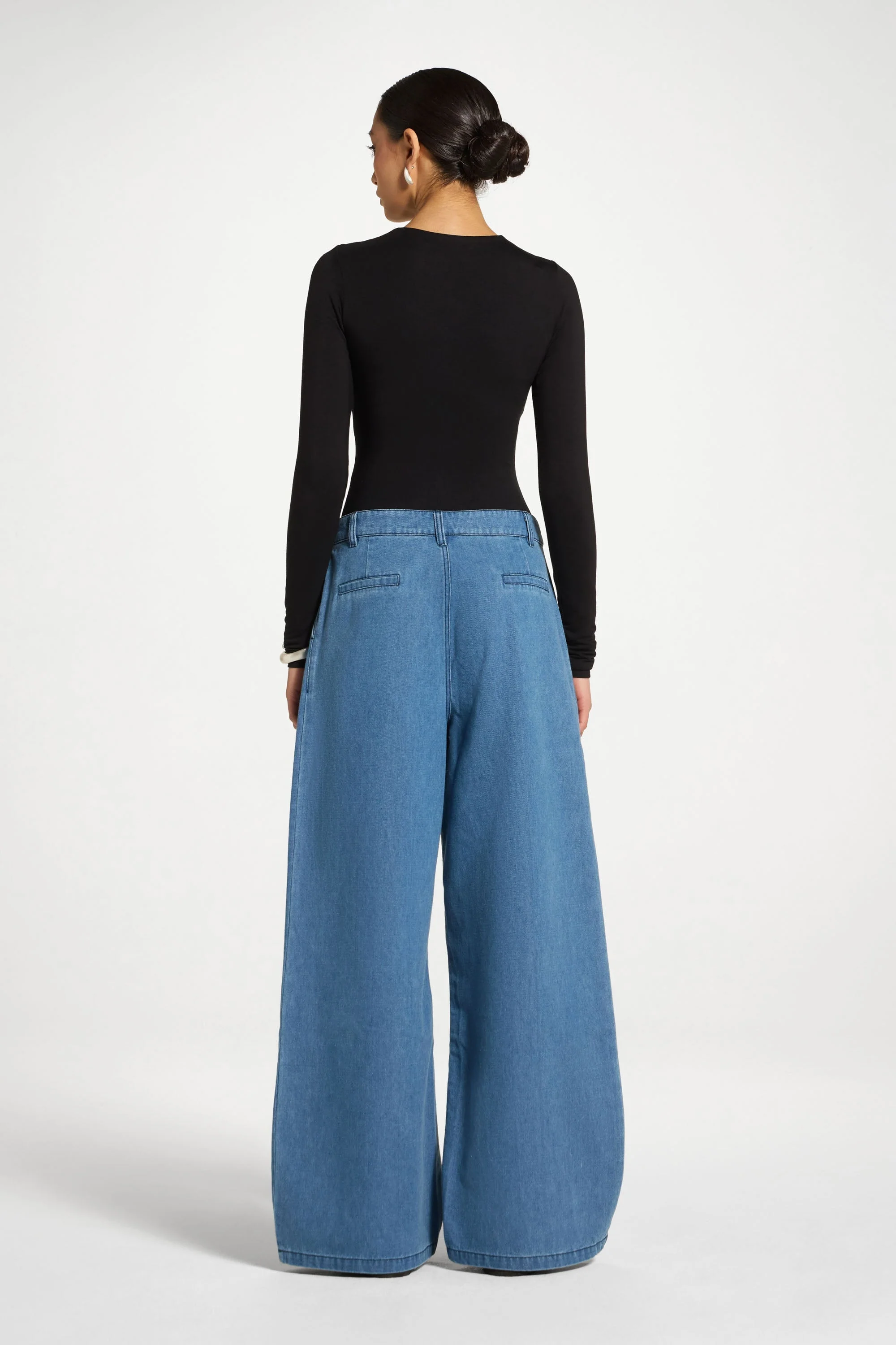 Denim Twin Pleat Pants - Mid Wash - Image 6