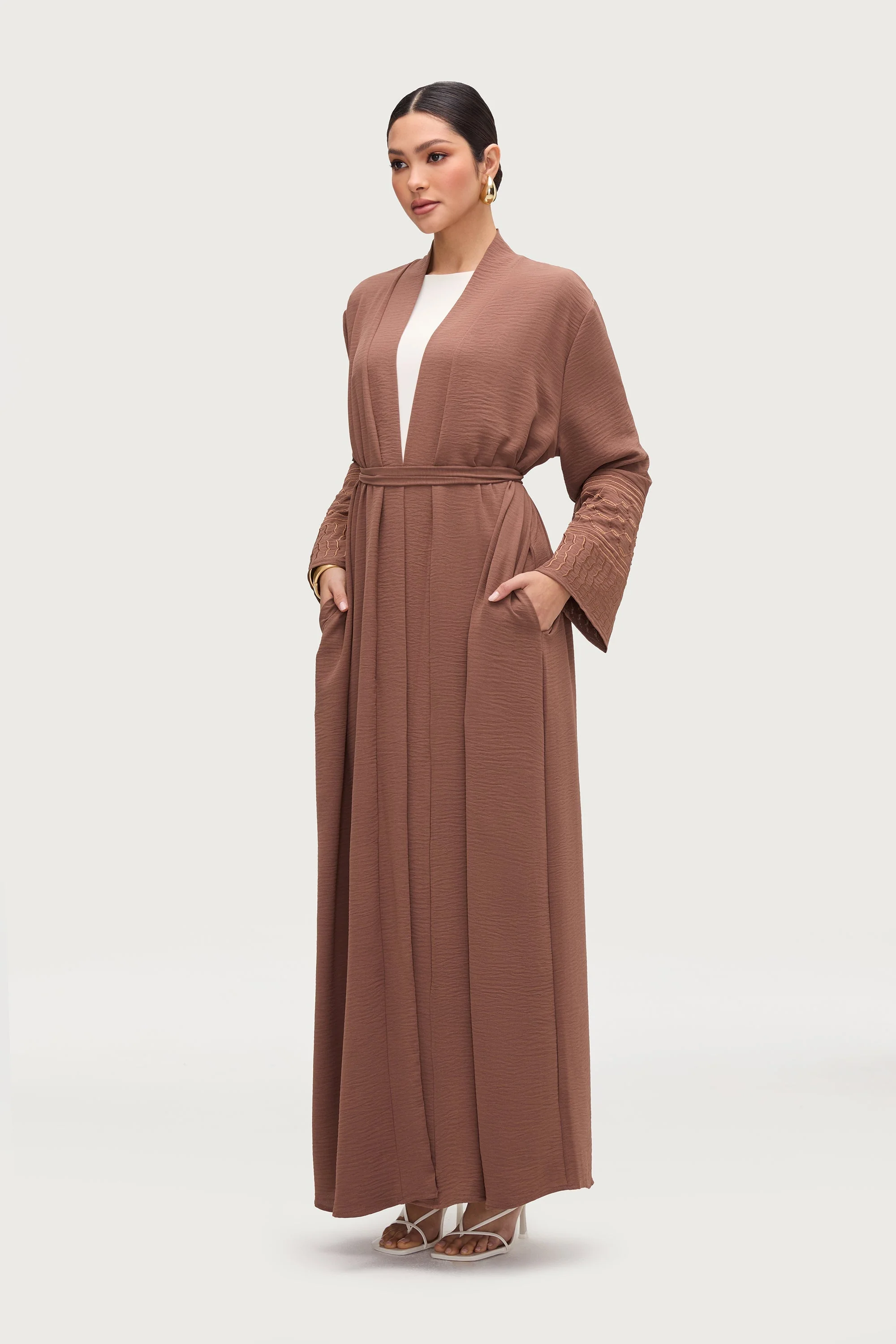 Dima Embroidered Open Abaya - Truffle - Image 4