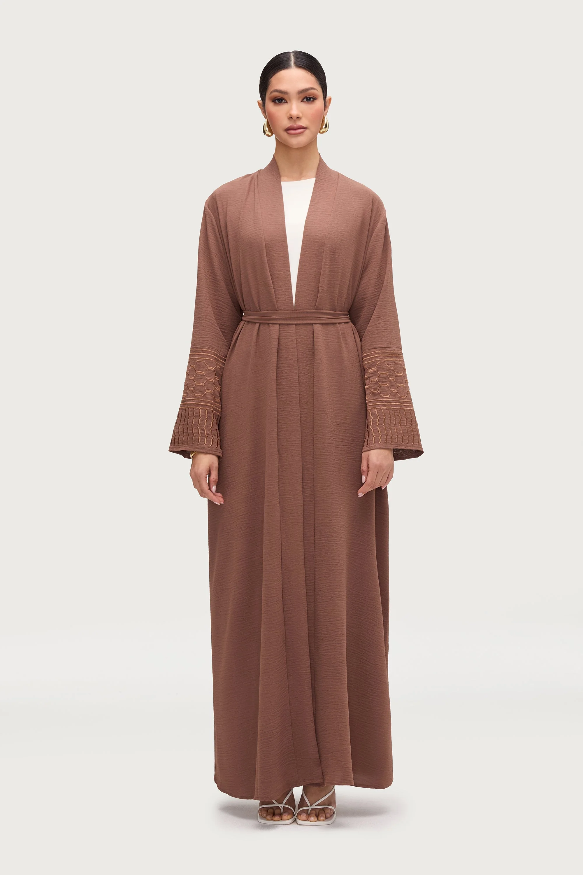 Dima Embroidered Open Abaya - Truffle - Image 5