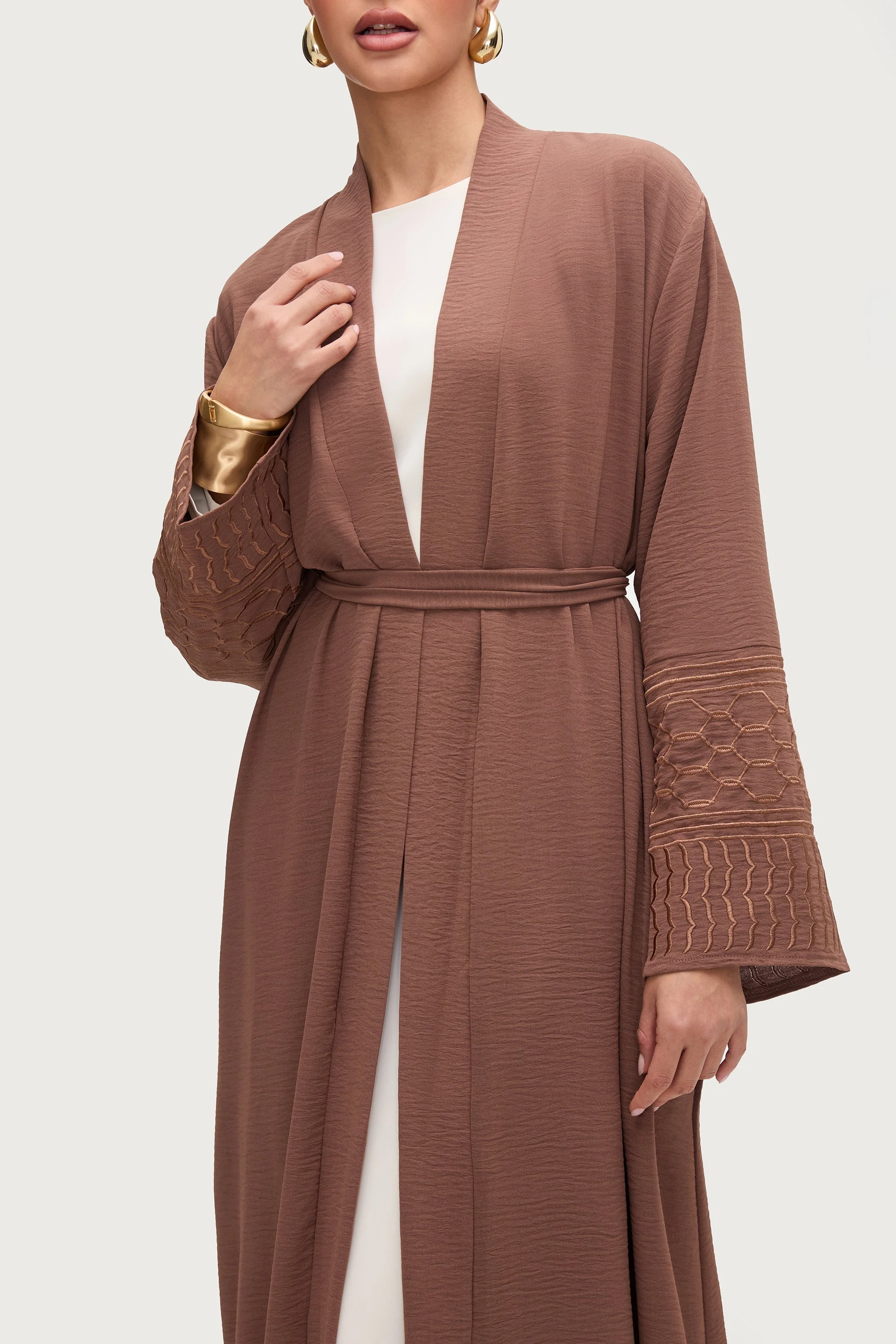 Dima Embroidered Open Abaya - Truffle - Image 6
