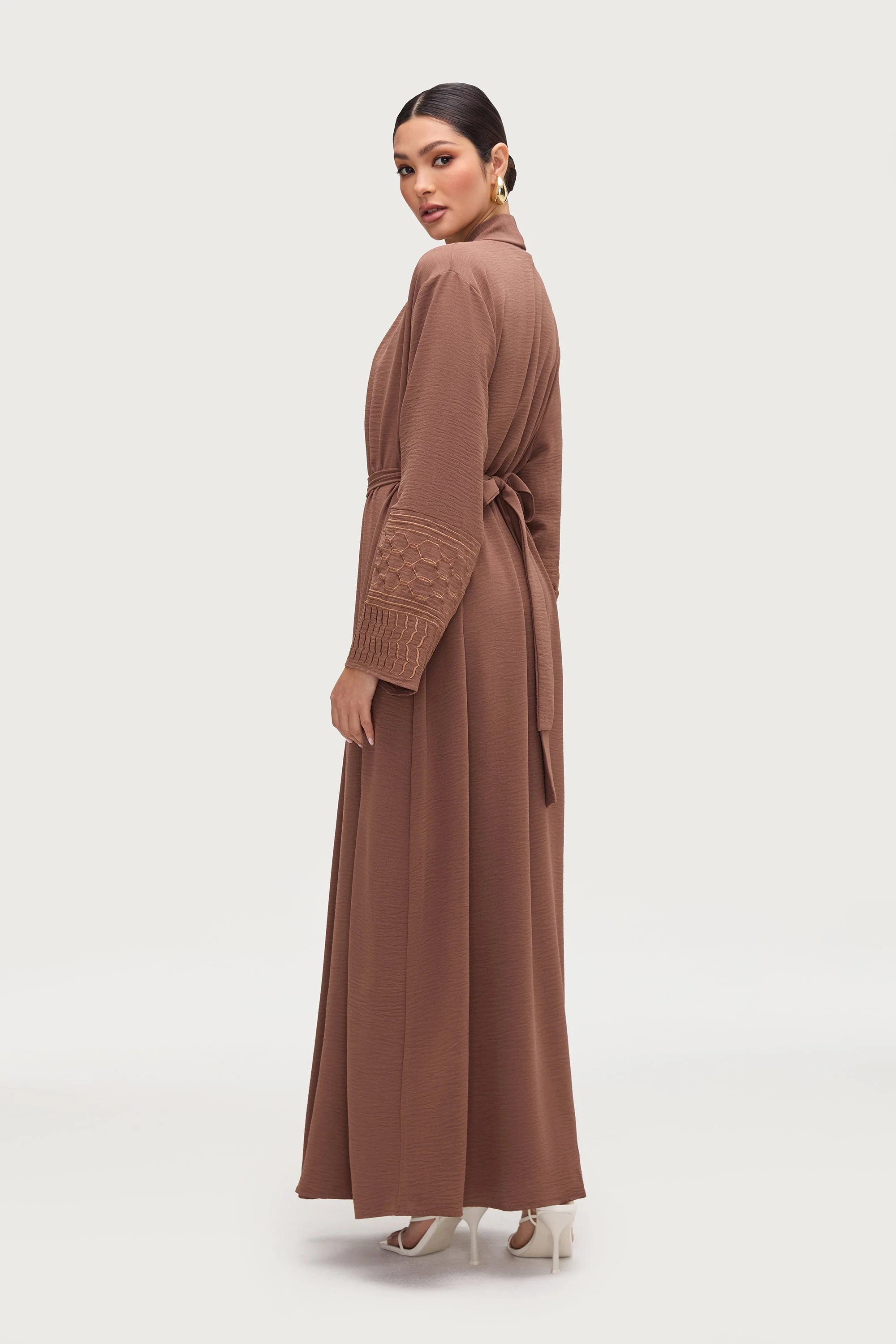 Dima Embroidered Open Abaya - Truffle - Image 7