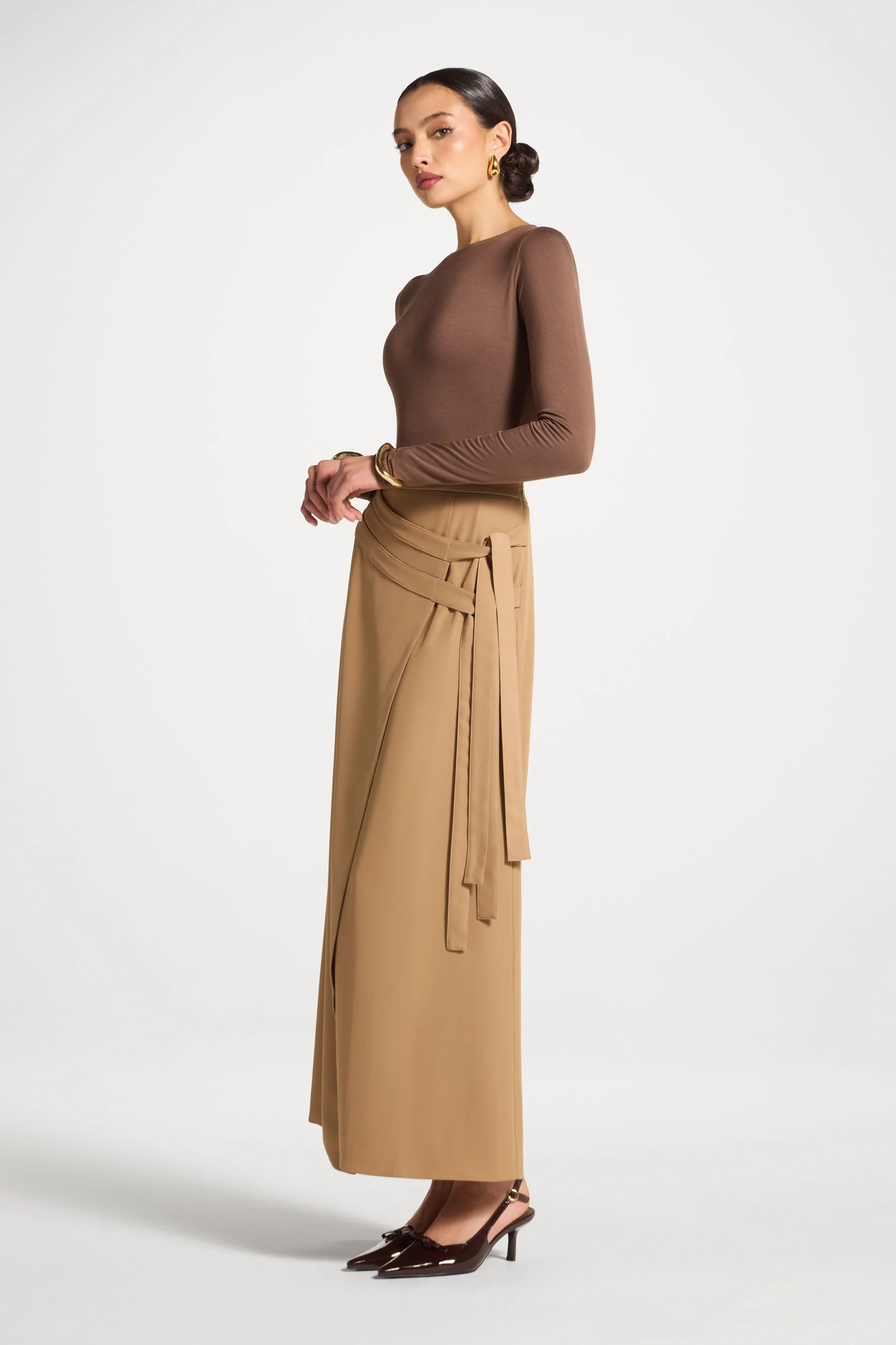 Double Tie Wrap Maxi Skirt - Latte - Image 5