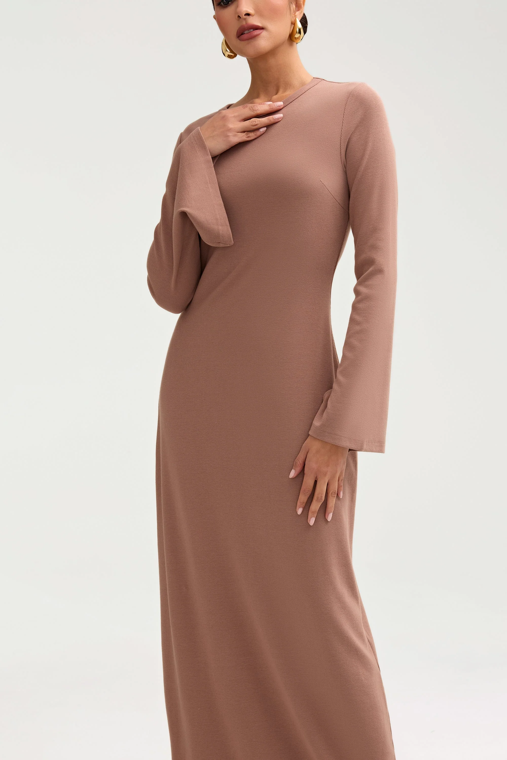 Ella Ribbed Split Cuff Maxi Dress - Brownie - Image 3