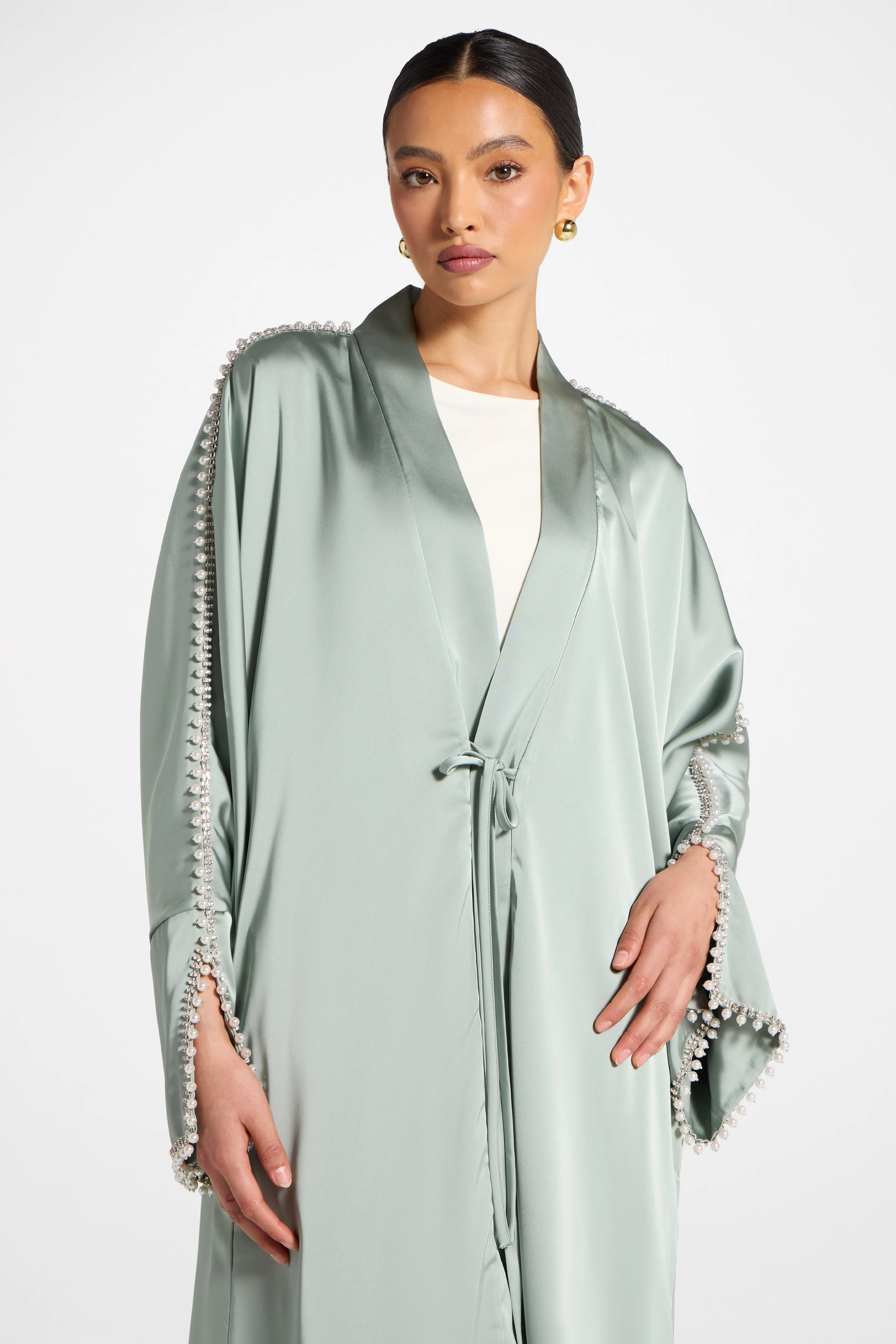 Embellished Open Abaya - Sage - Image 2
