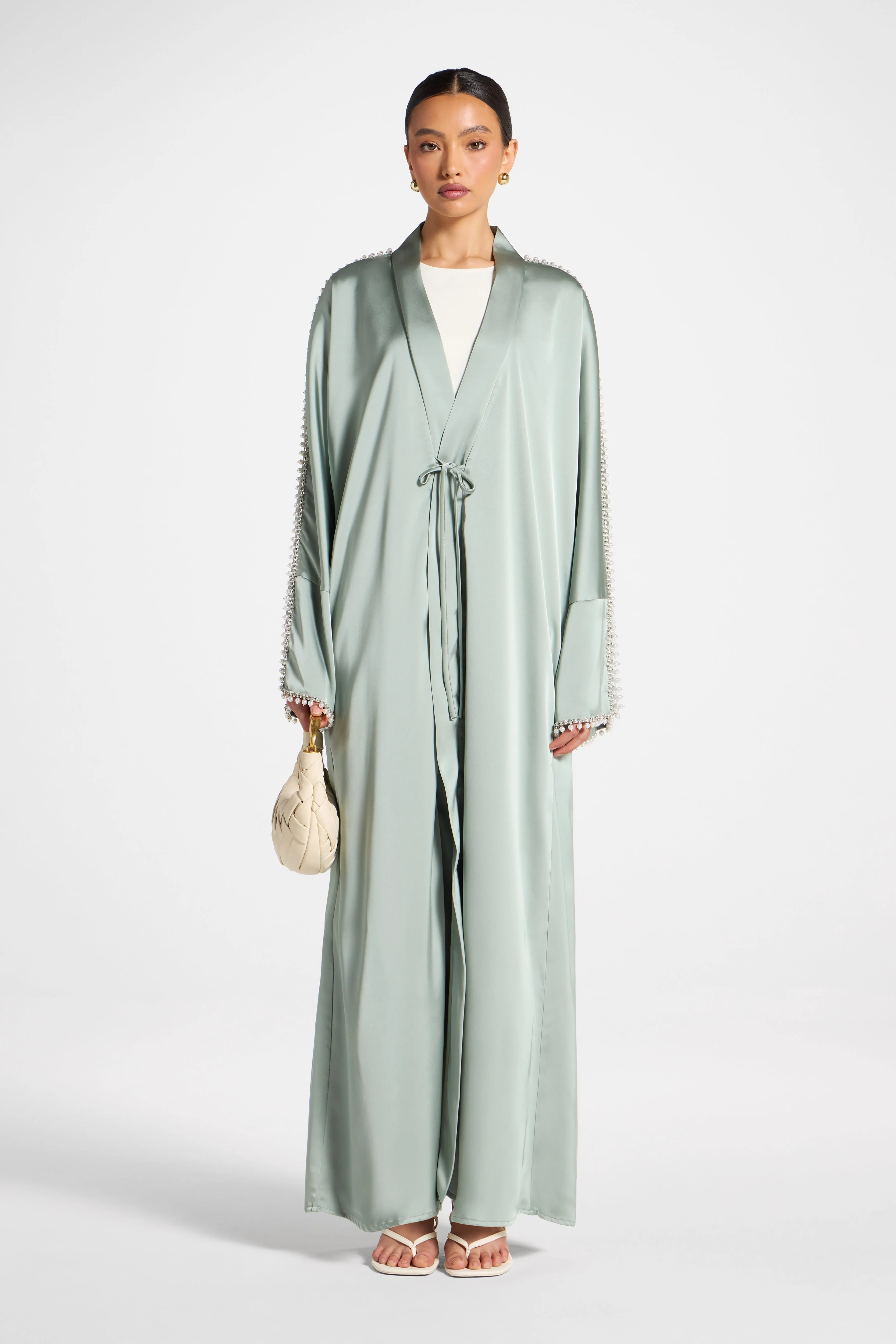 Embellished Open Abaya - Sage - Image 3