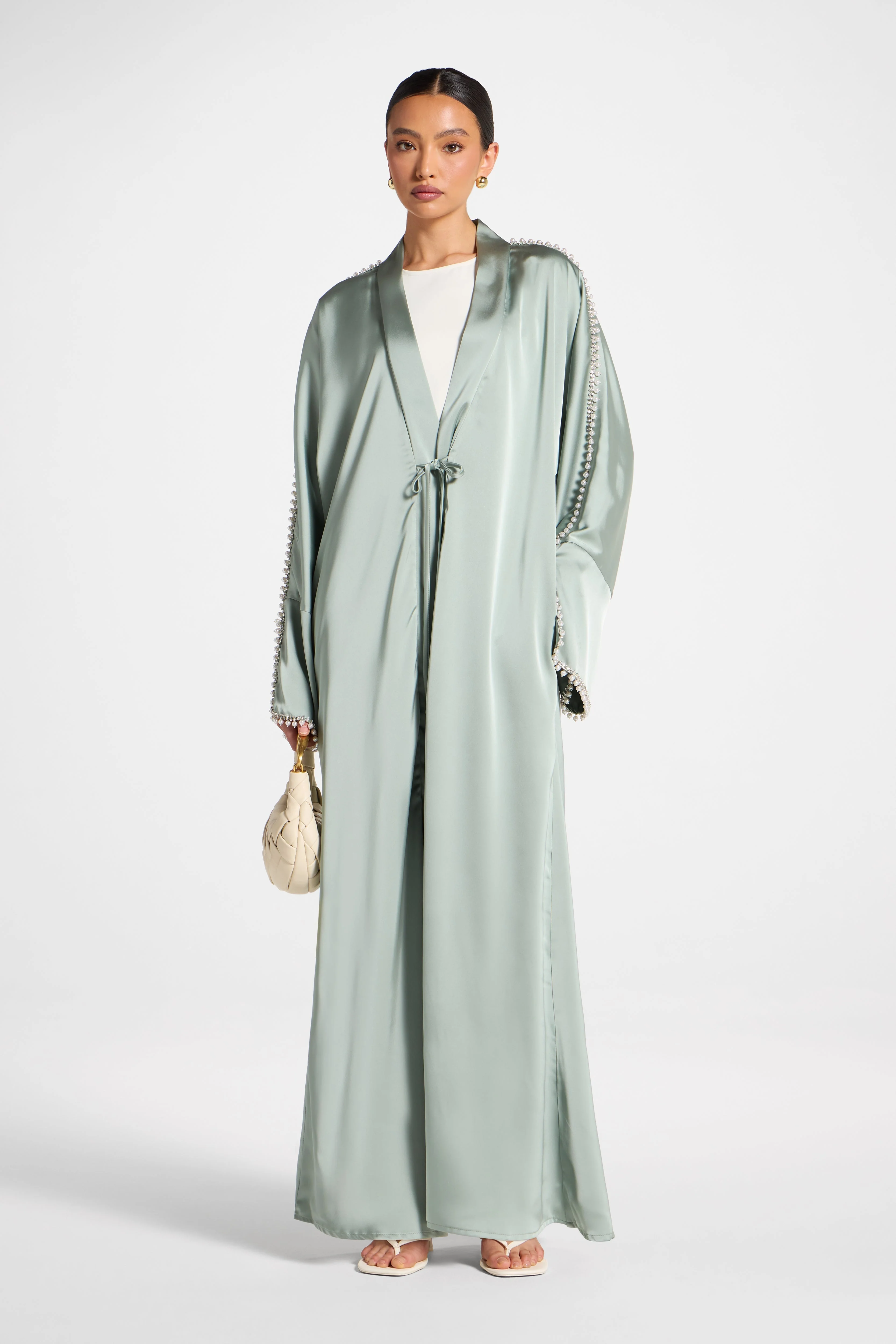 Embellished Open Abaya - Sage - Image 4
