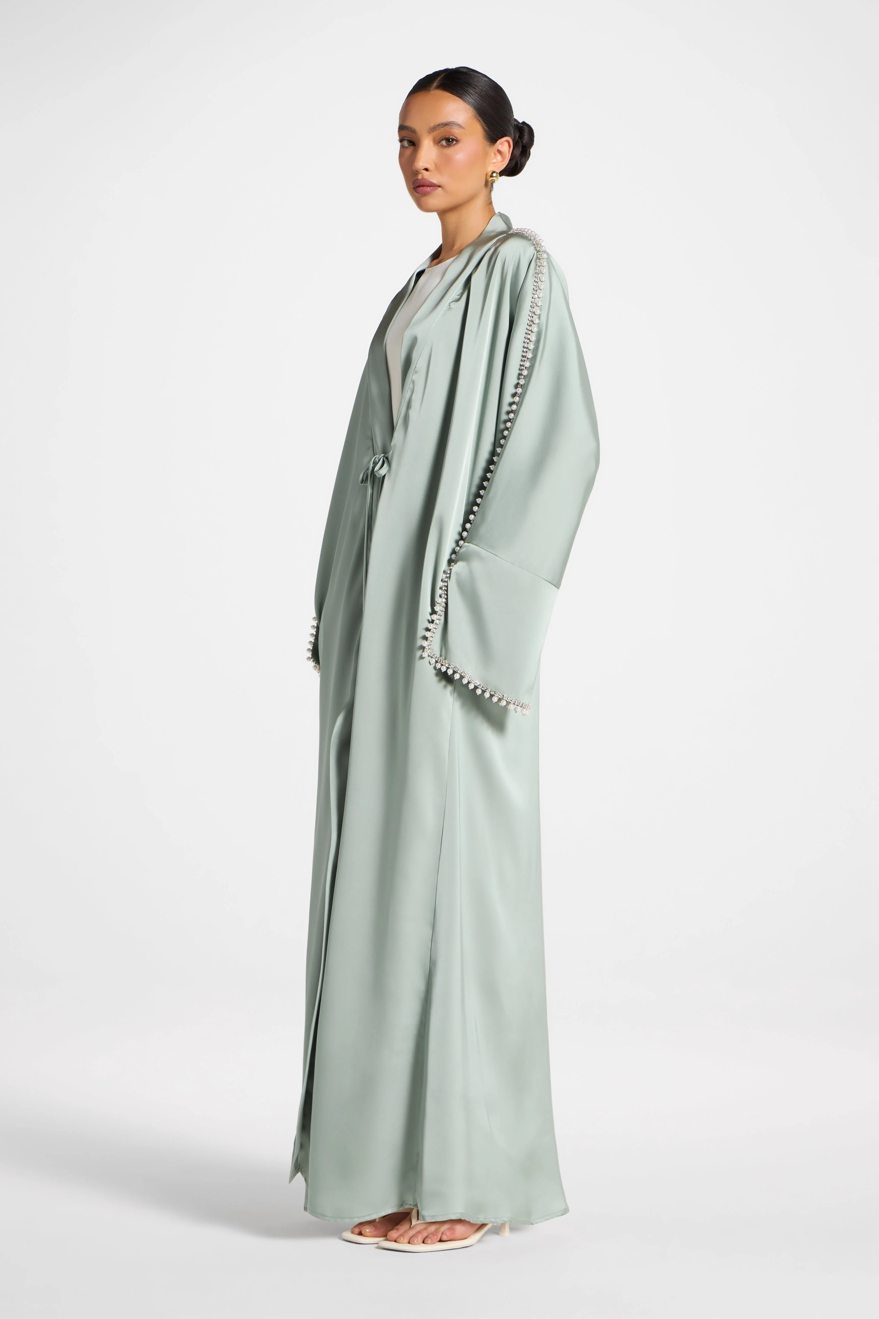 Embellished Open Abaya - Sage - Image 5