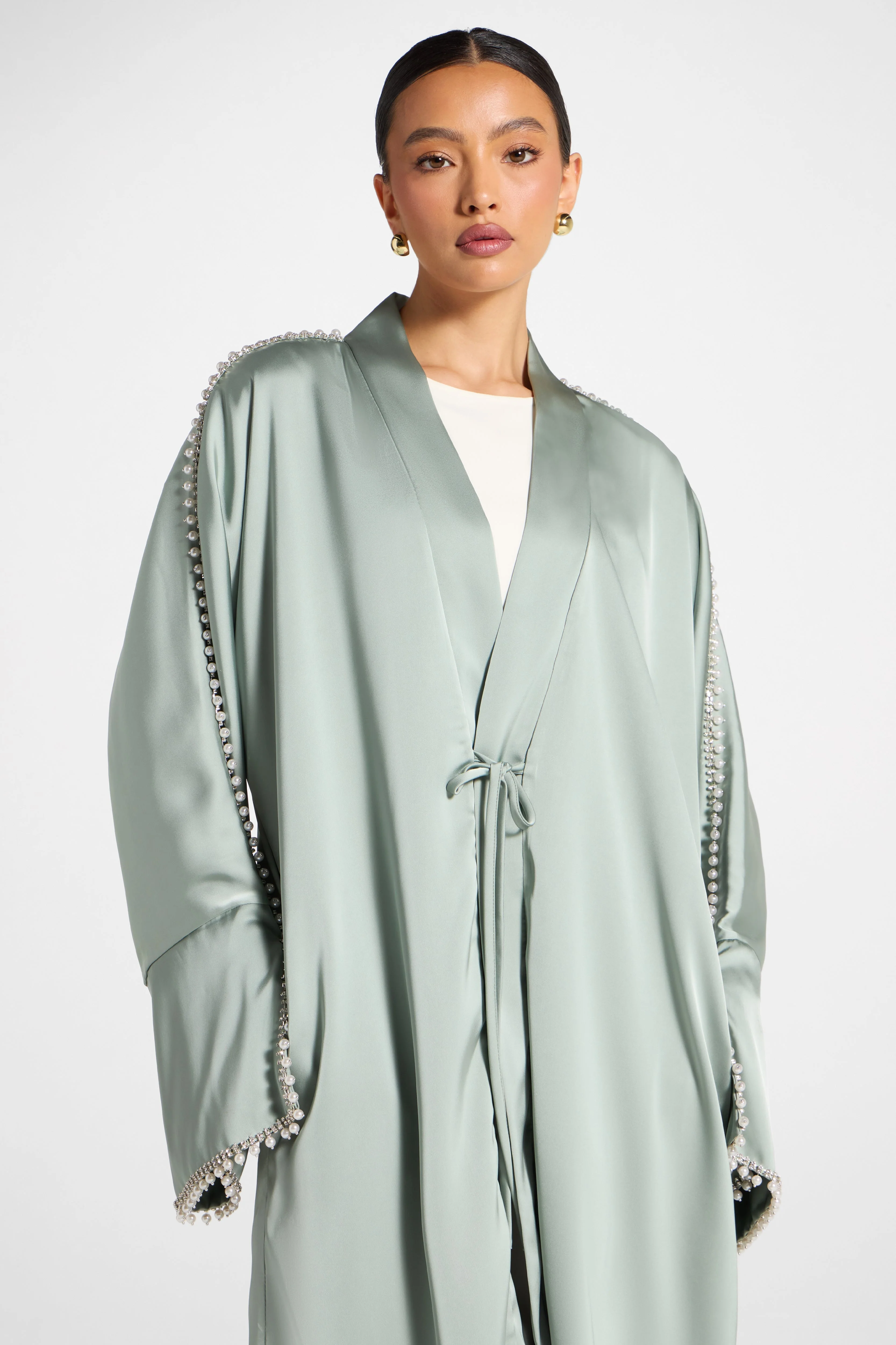 Embellished Open Abaya - Sage - Image 6