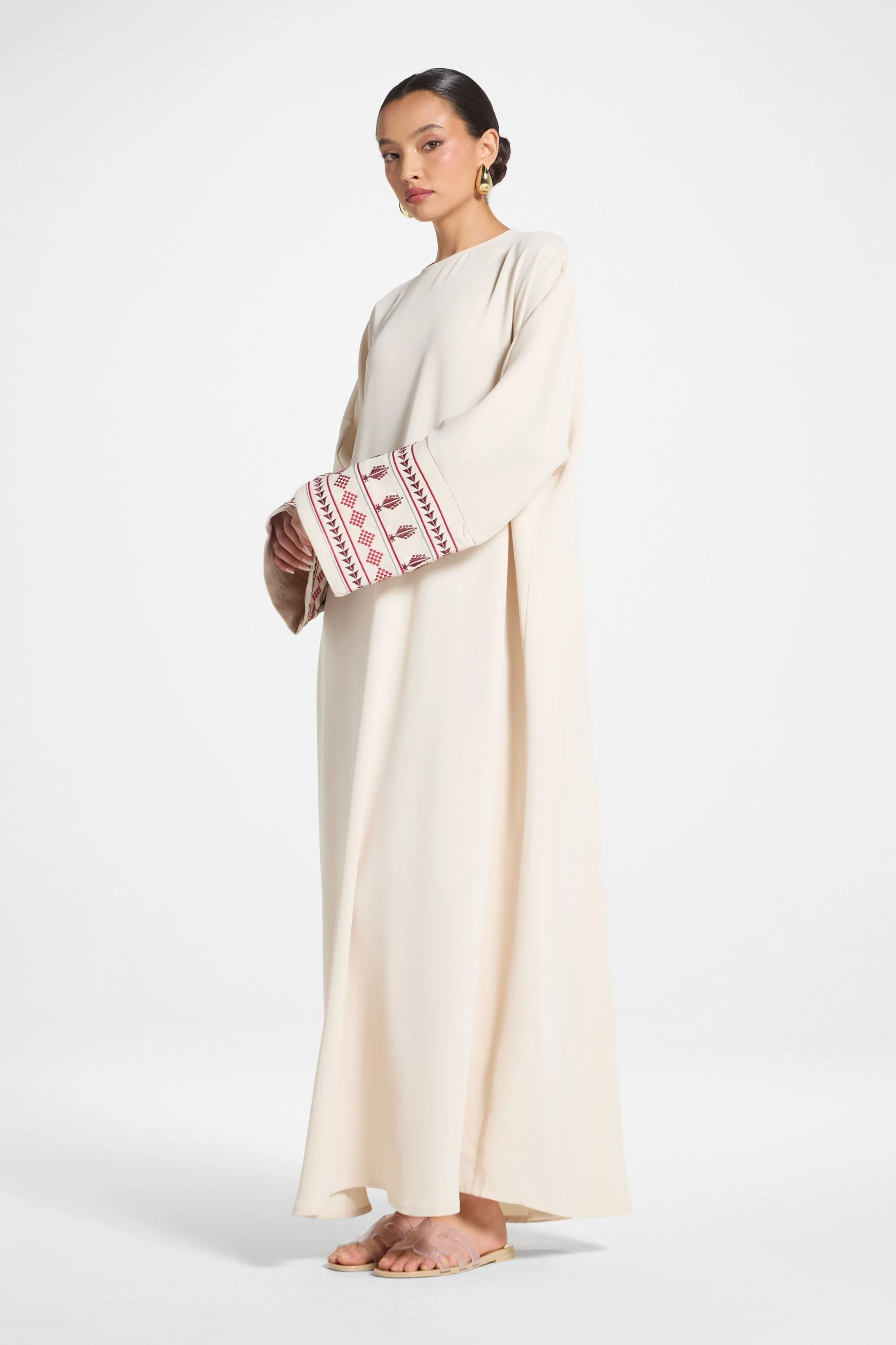 Embroidered Abaya Dress - Beige - Image 6