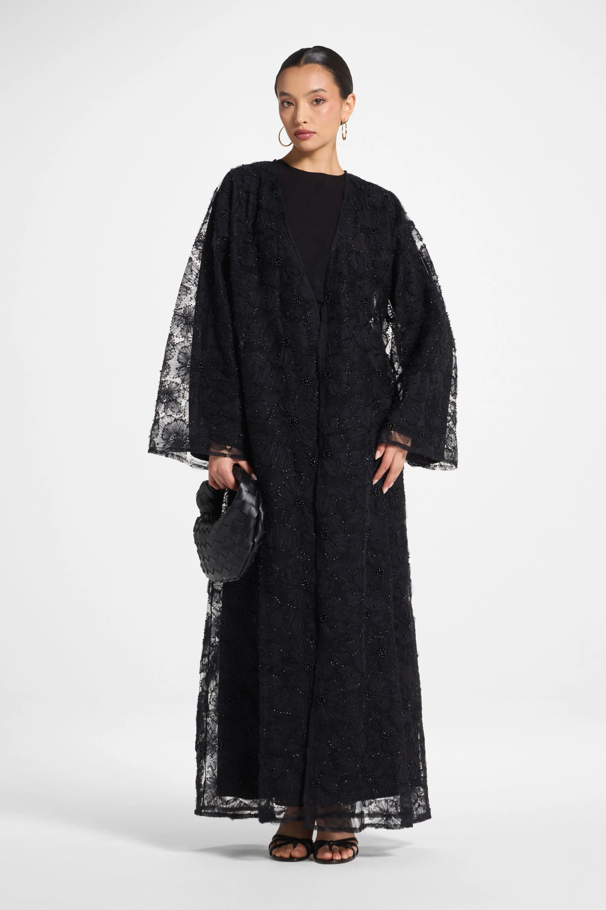 Floral Embellished Abaya & Dress Set - Black - Image 3