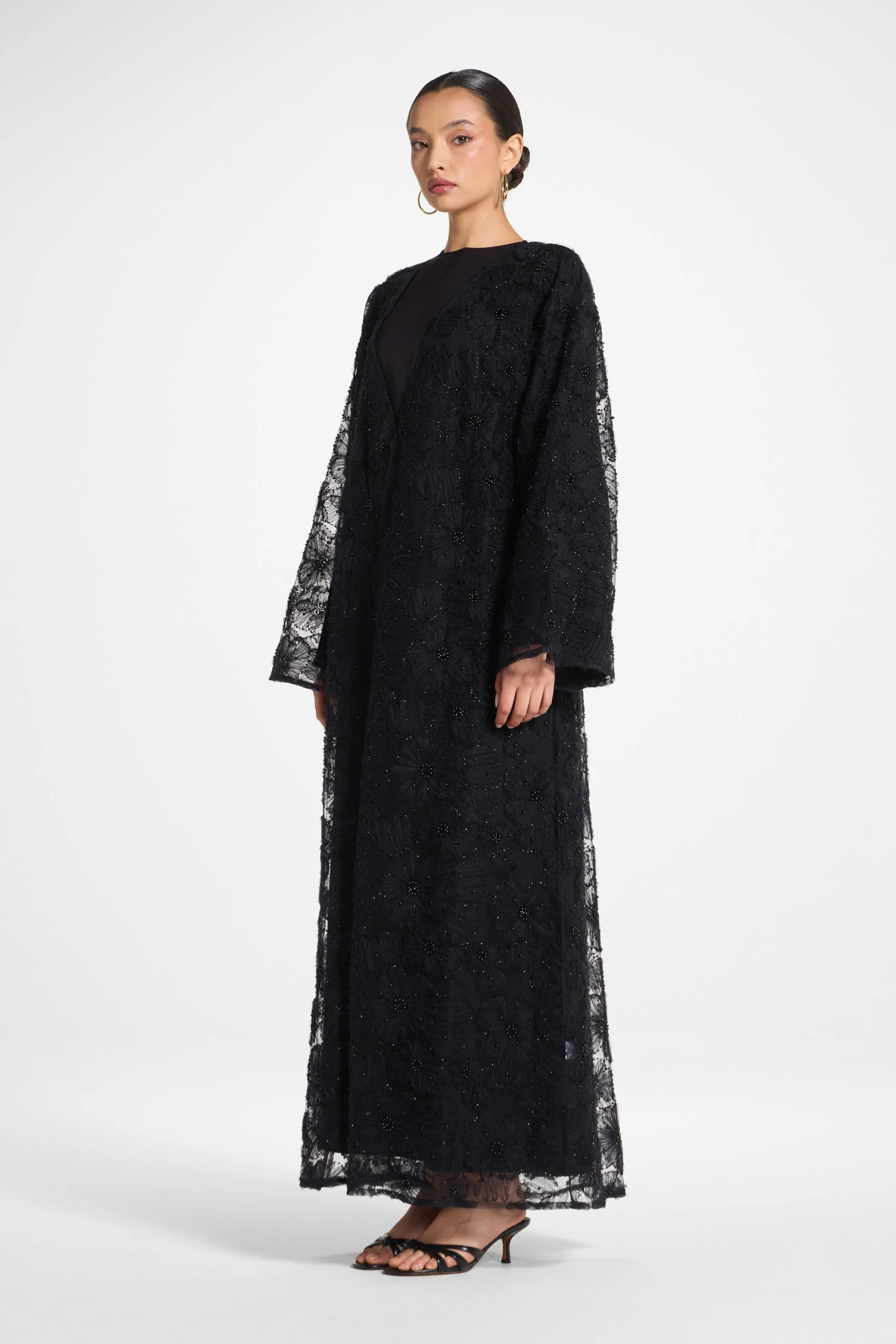 Floral Embellished Abaya & Dress Set - Black - Image 4