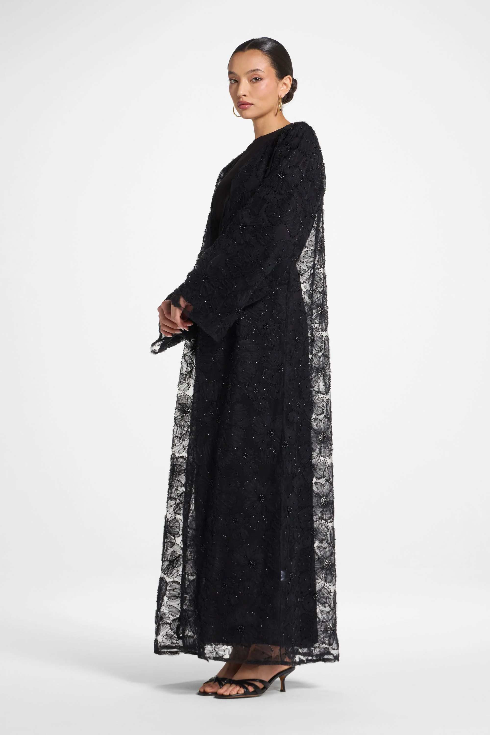 Floral Embellished Abaya & Dress Set - Black - Image 5