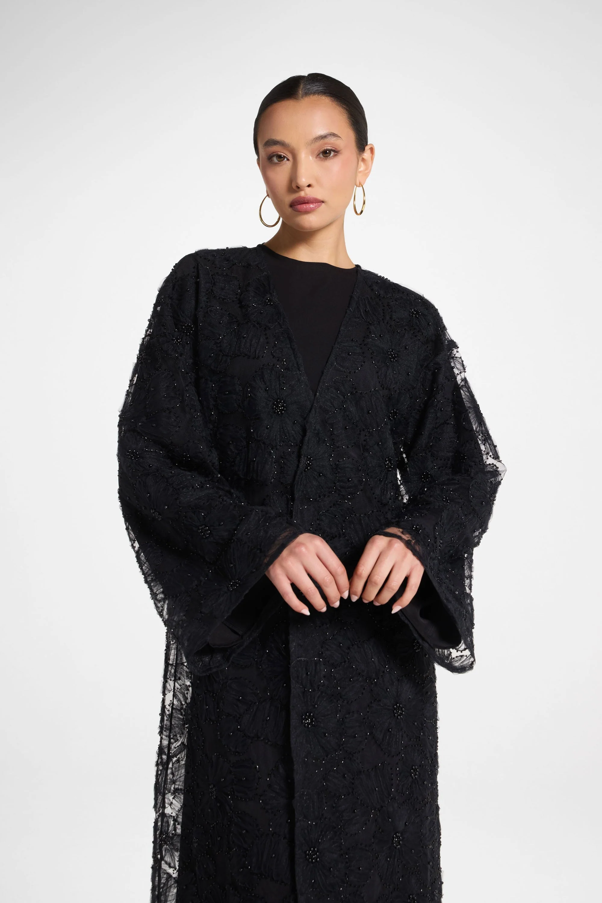 Floral Embellished Abaya & Dress Set - Black - Image 7