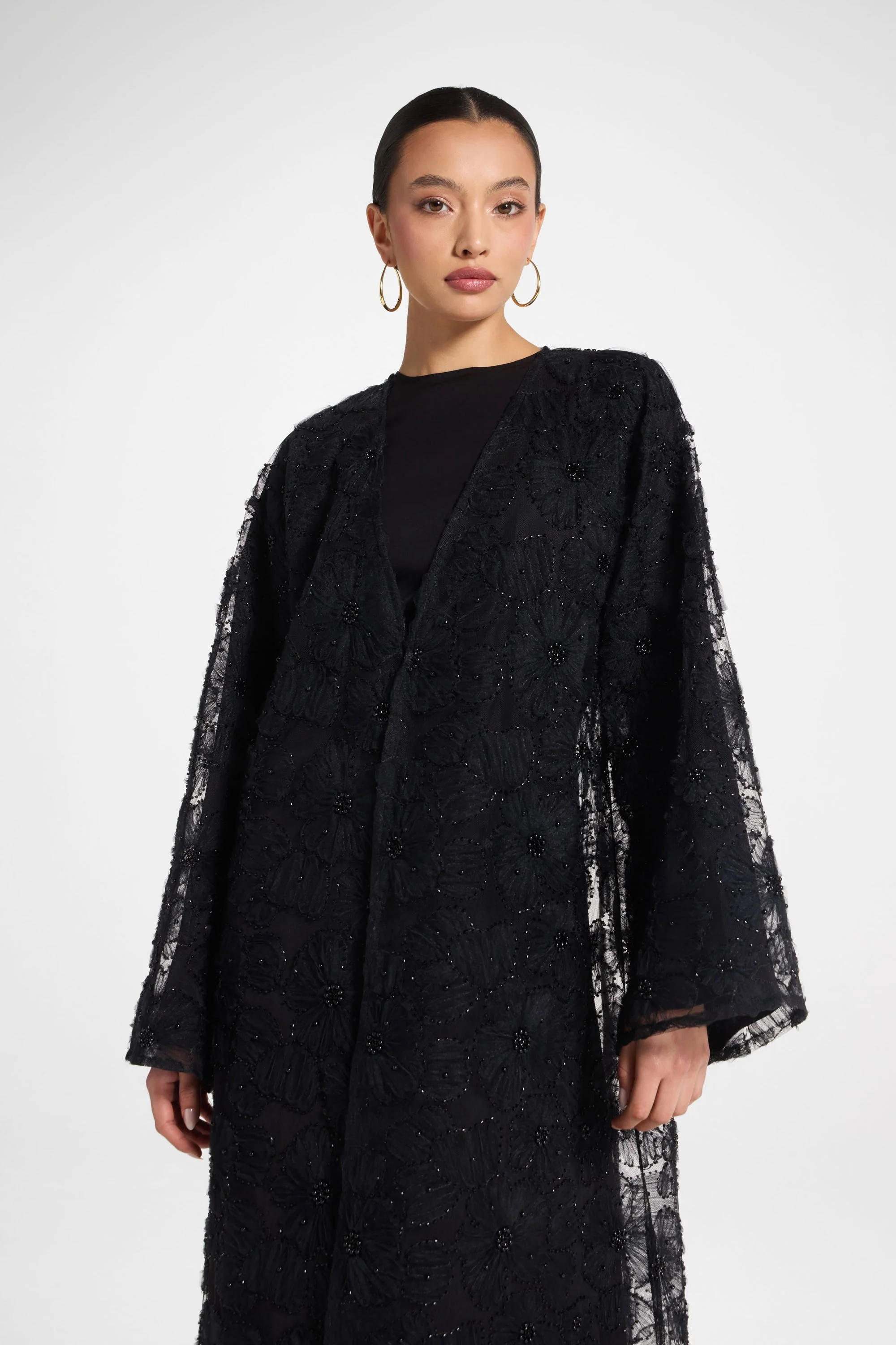 Floral Embellished Abaya & Dress Set - Black - Image 8