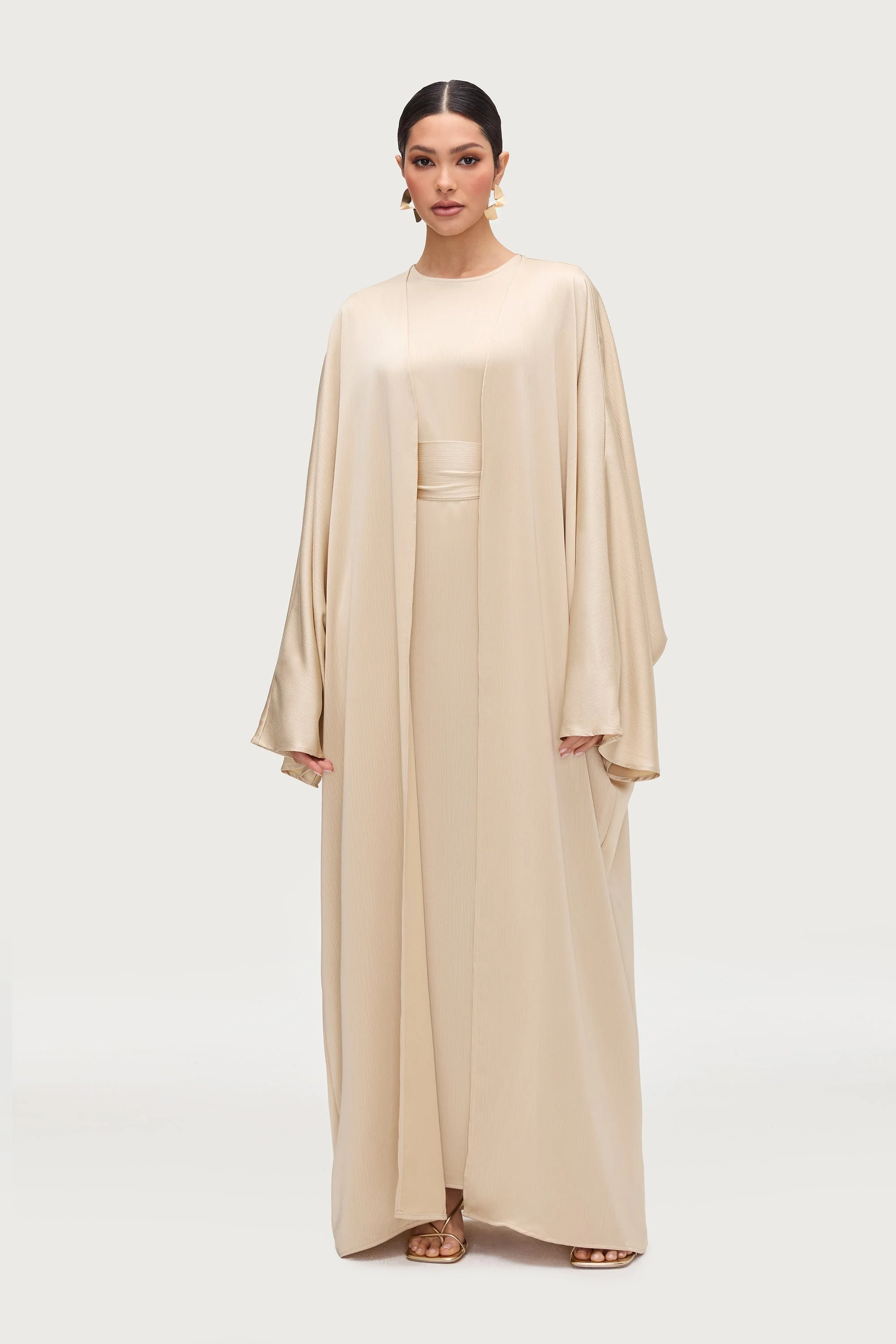 Ghada Satin Open Abaya & Dress Set - Golden Sand - Image 3