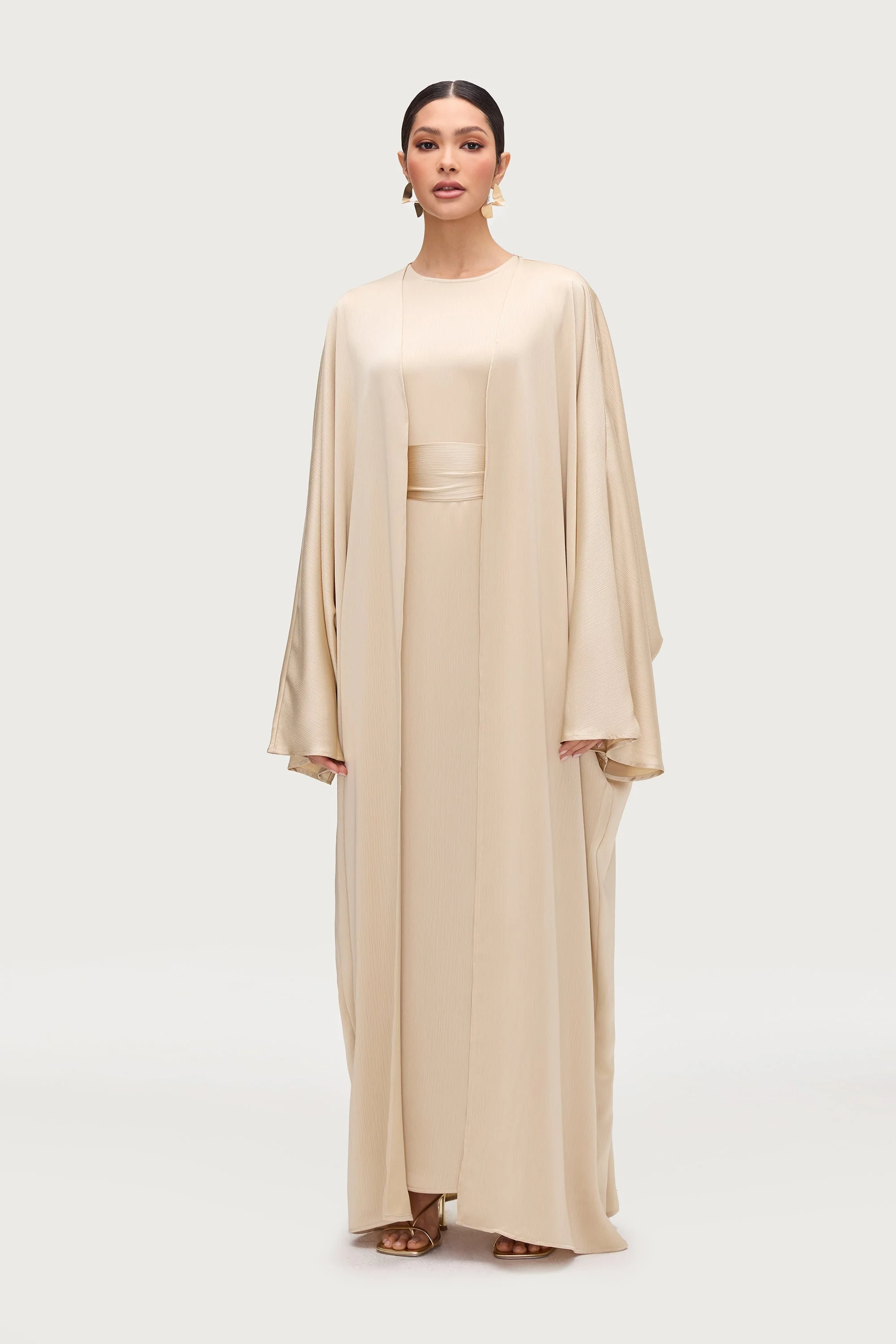 Ghada Satin Open Abaya & Dress Set - Golden Sand - Image 4