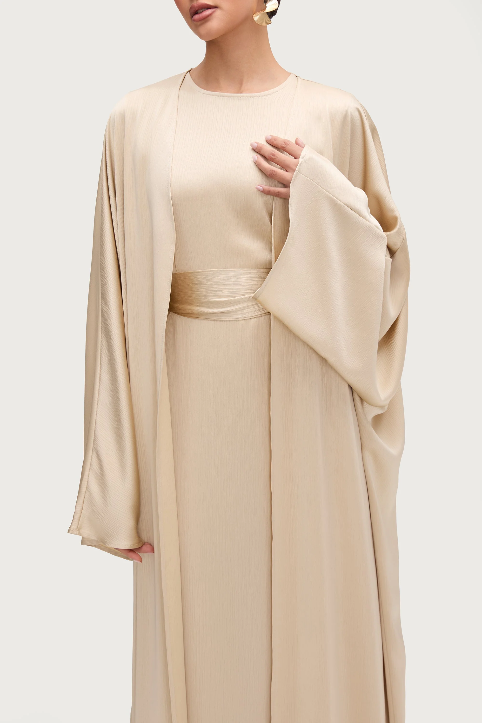 Ghada Satin Open Abaya & Dress Set - Golden Sand - Image 8