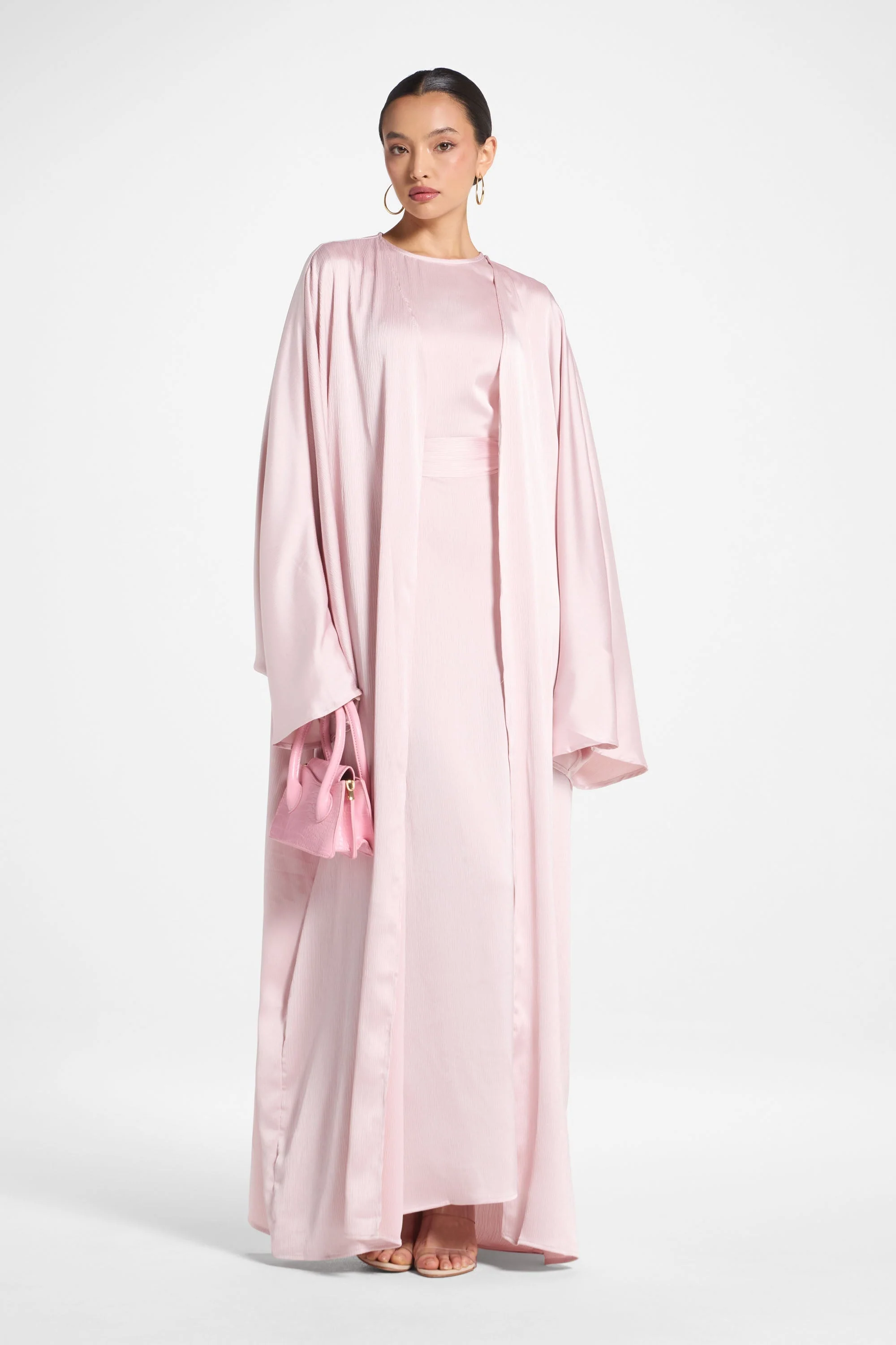 Ghada Satin Open Abaya & Dress Set - Pastel Pink - Image 3