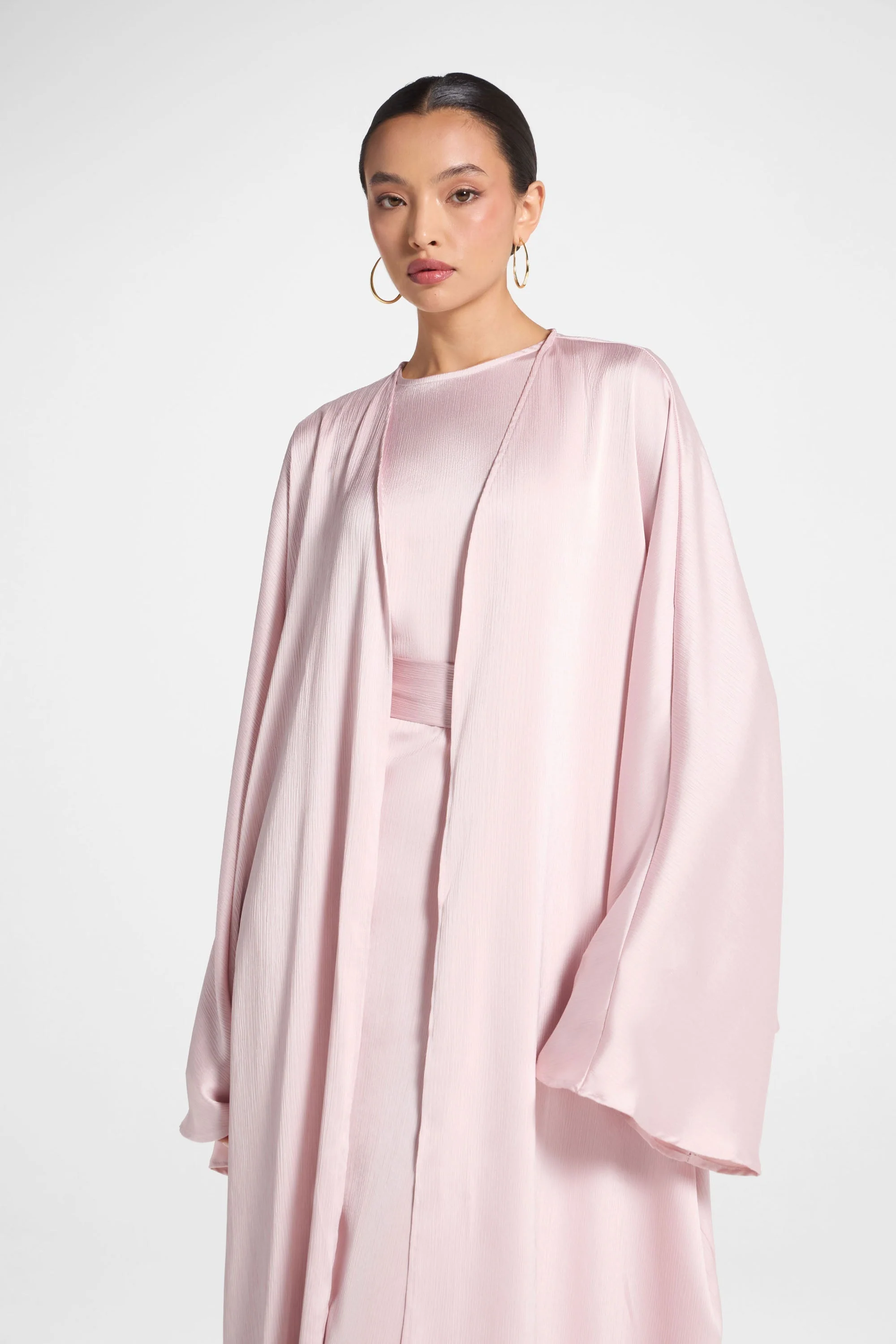 Ghada Satin Open Abaya & Dress Set - Pastel Pink - Image 4