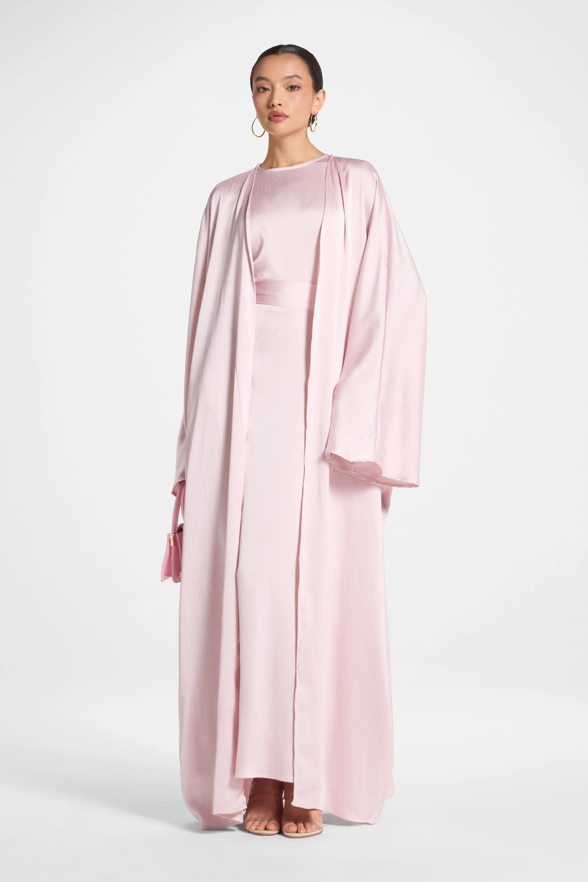 Ghada Satin Open Abaya & Dress Set - Pastel Pink - Image 5
