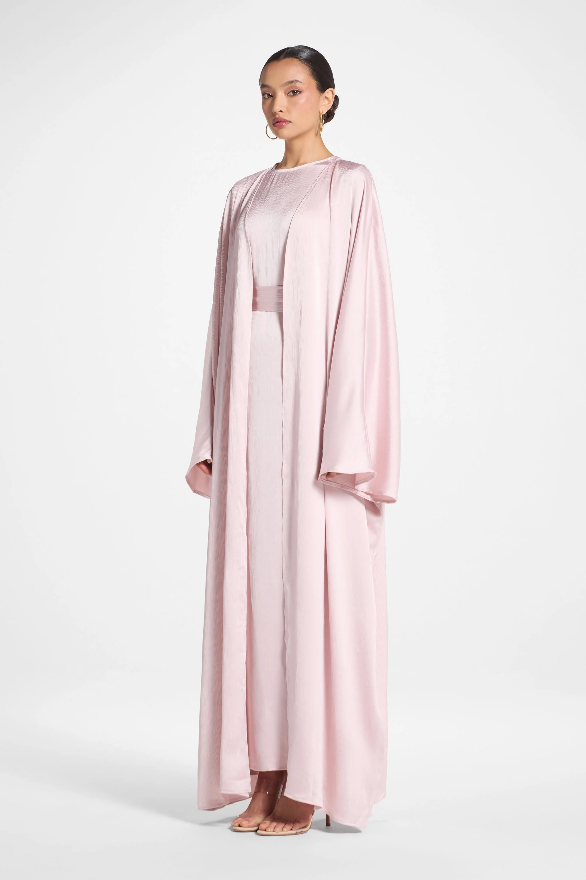Ghada Satin Open Abaya & Dress Set - Pastel Pink - Image 6