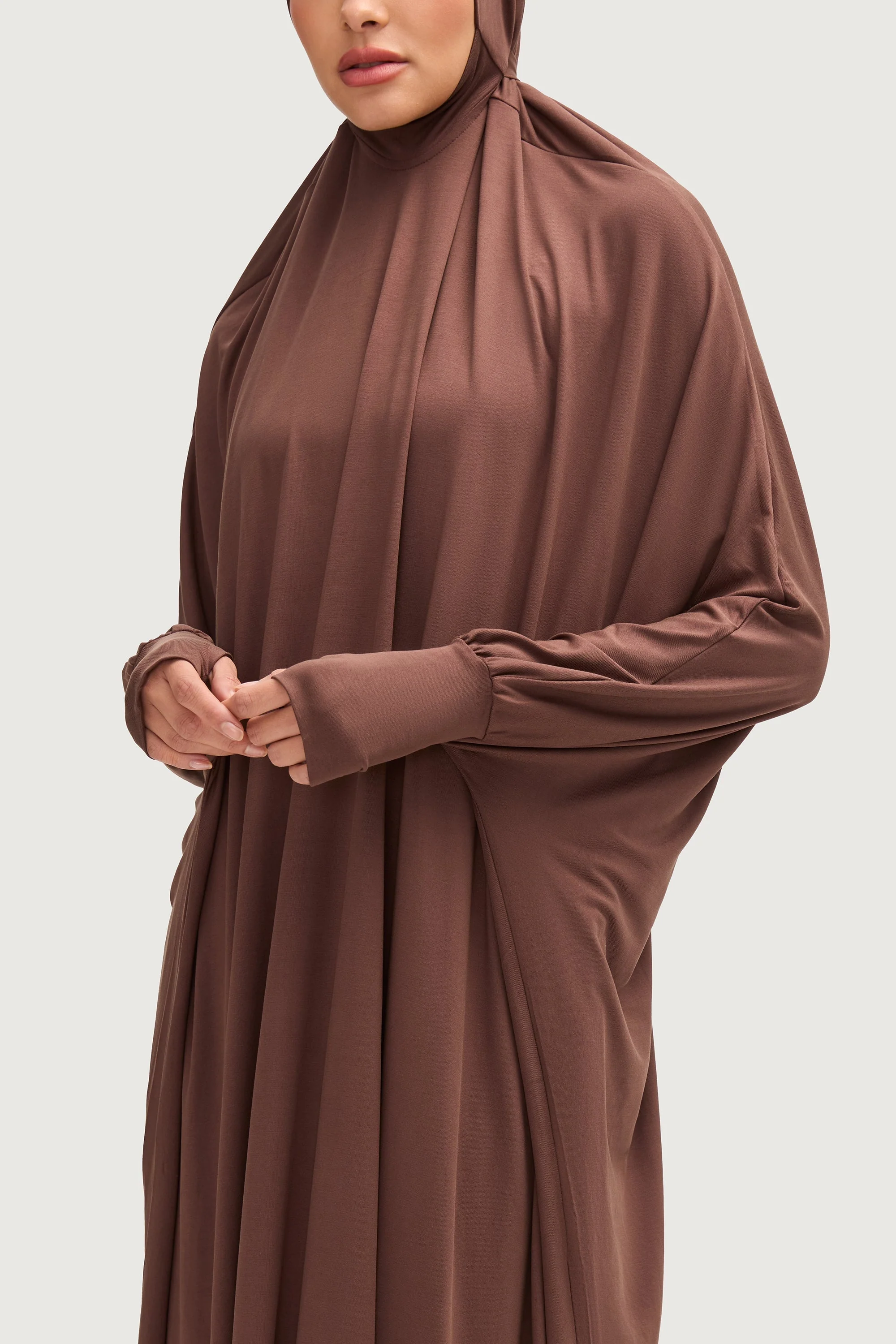 Jersey Cupro Prayer Jilbab & Skirt Set - Brown - Image 4