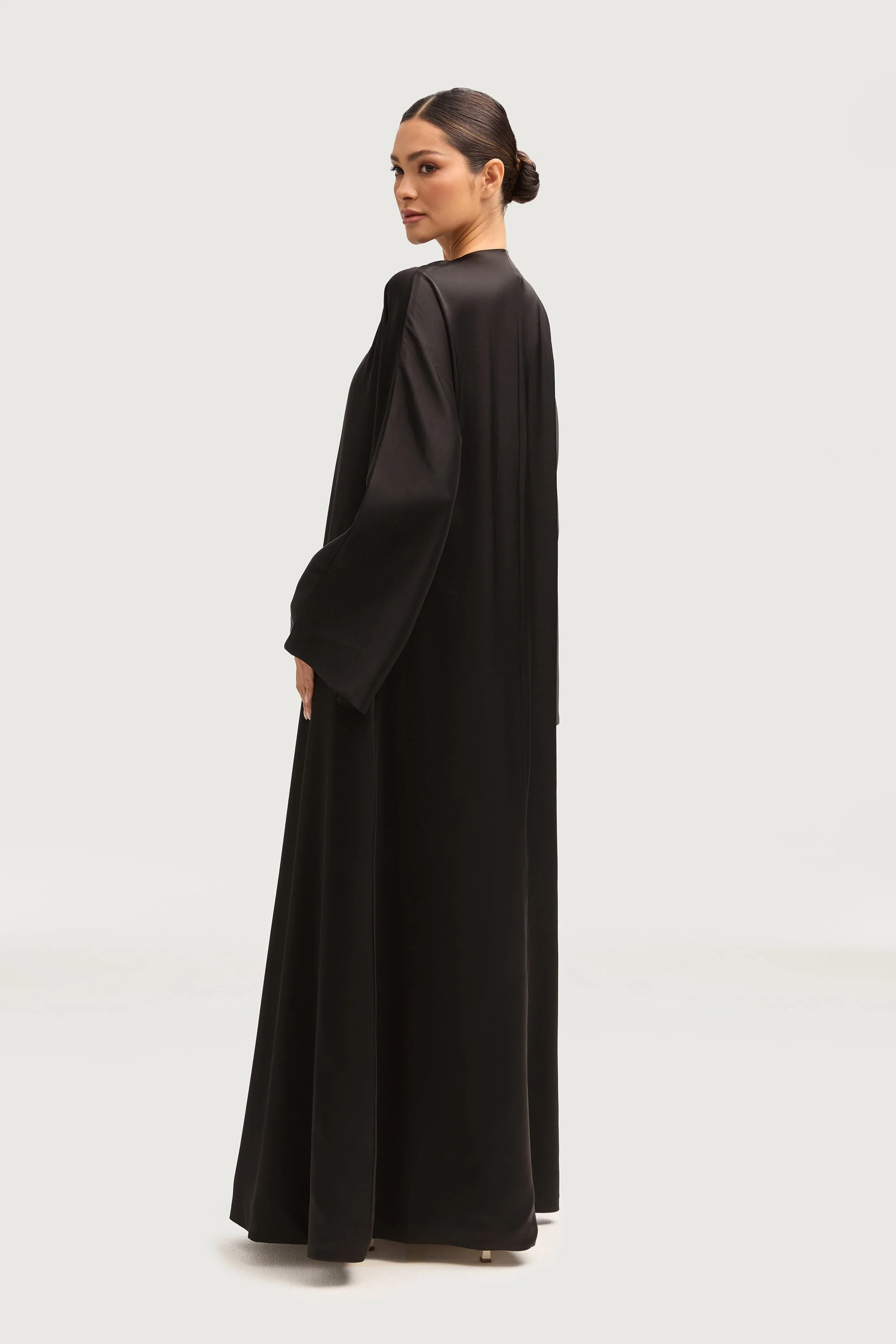Jumana Satin Open Abaya - Black - Image 3