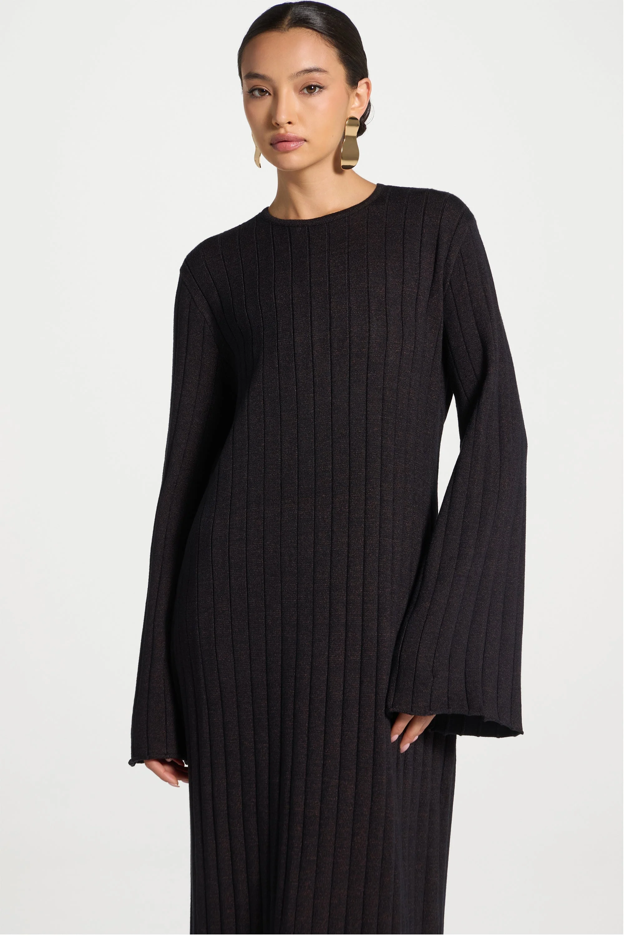 Knit Flare Sleeve Dress - Black Ember - Image 6
