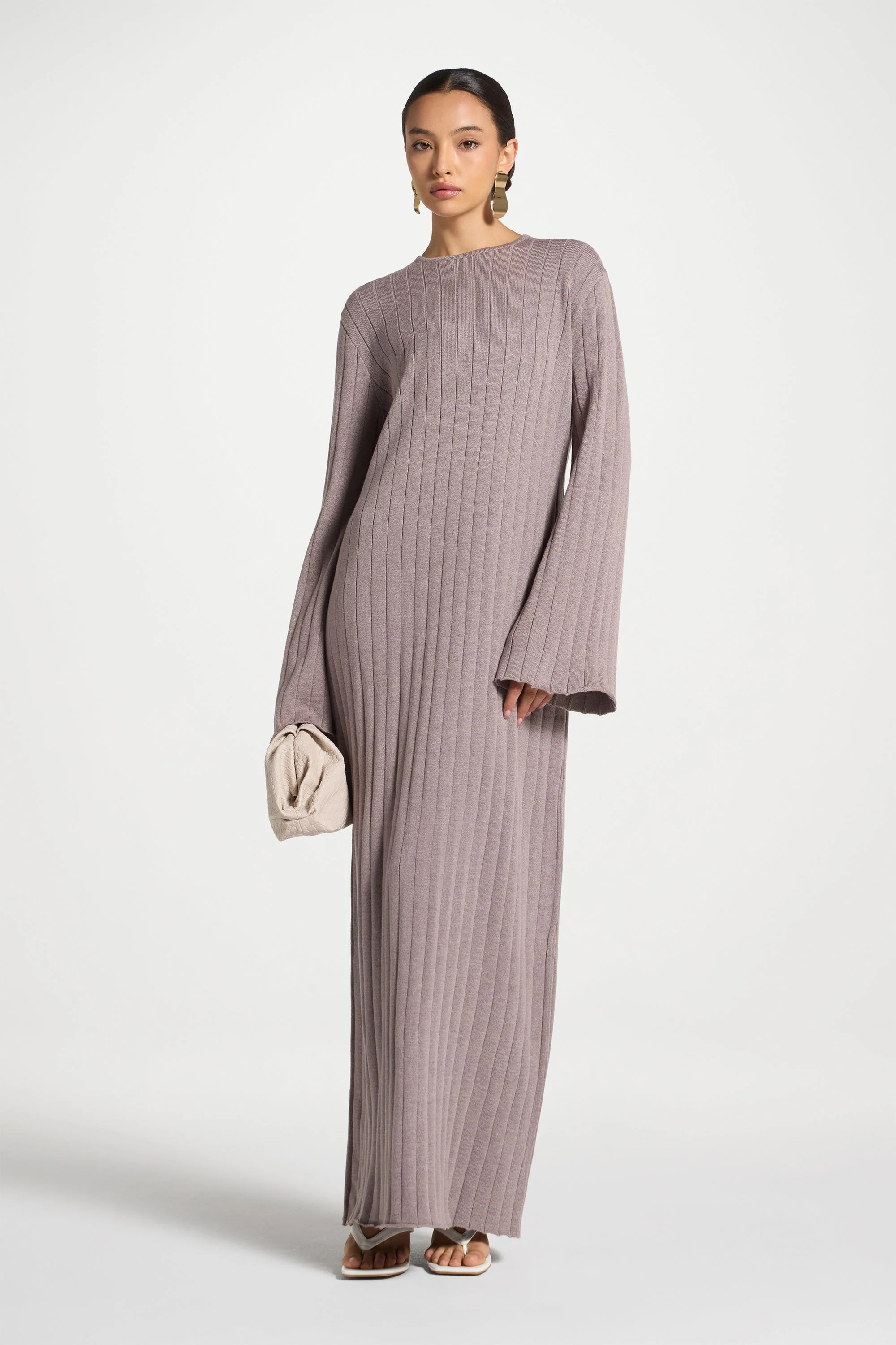 Knit Flare Sleeve Dress - Soft Mauve - Image 3