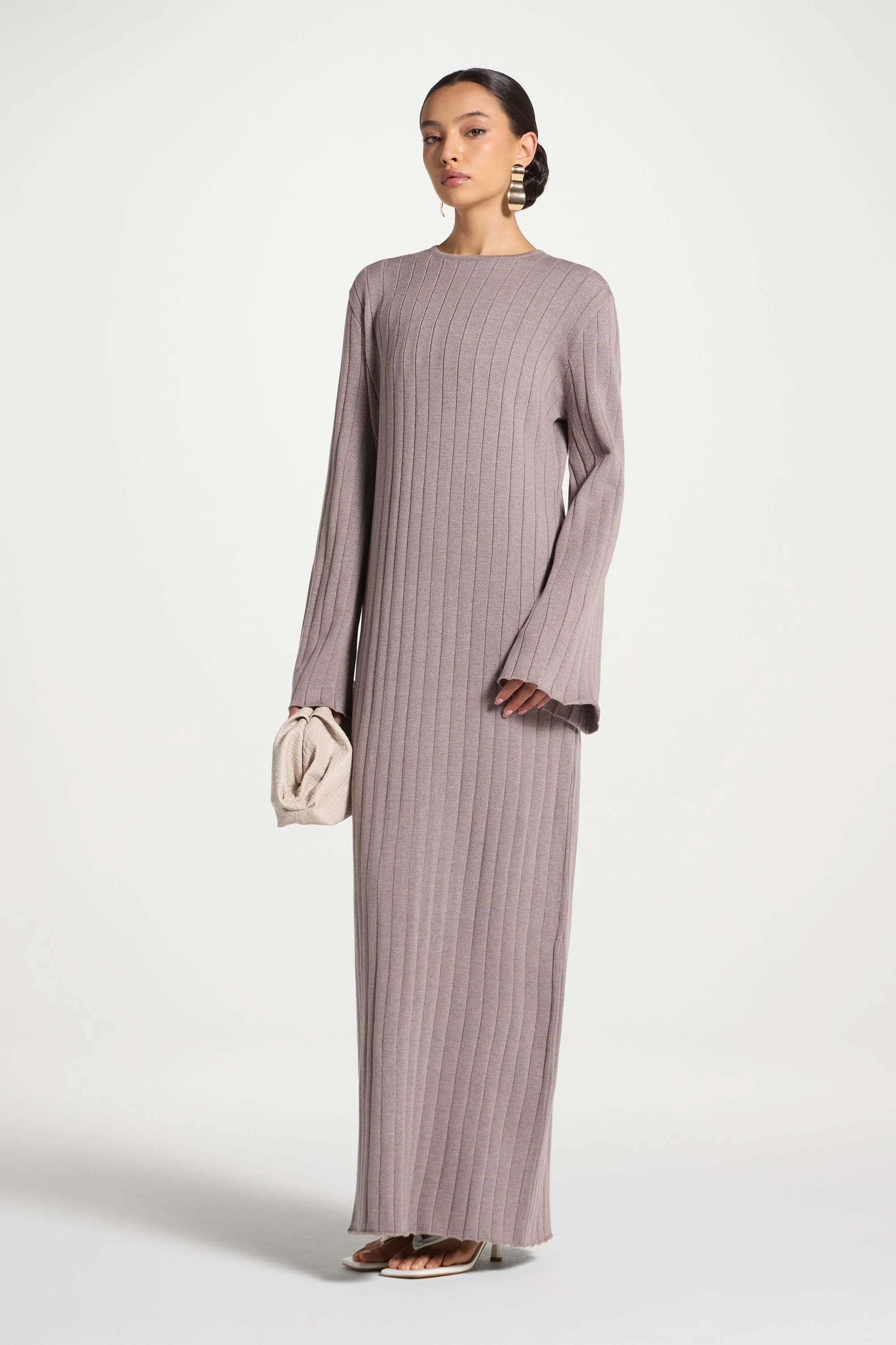 Knit Flare Sleeve Dress - Soft Mauve - Image 4