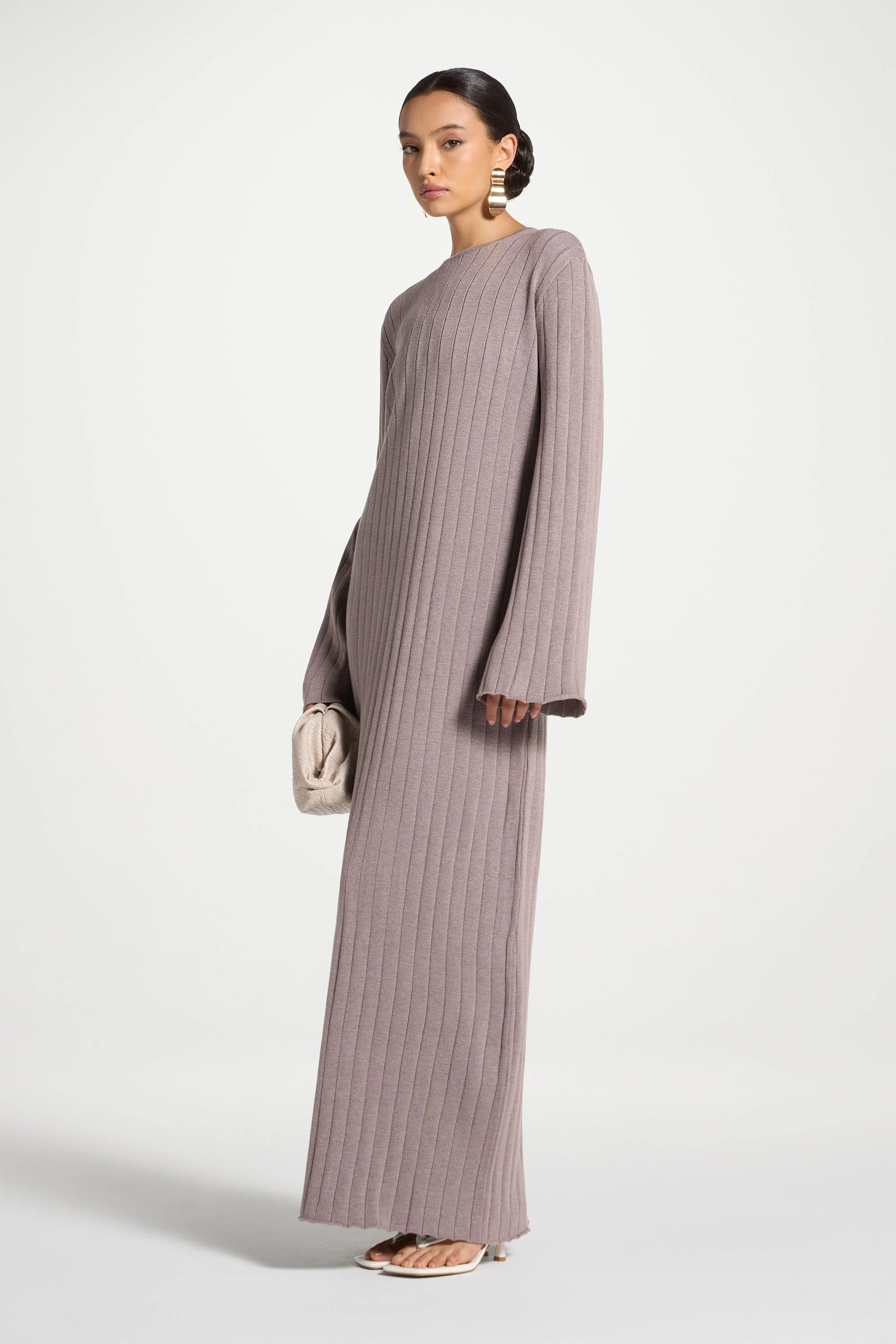 Knit Flare Sleeve Dress - Soft Mauve - Image 5