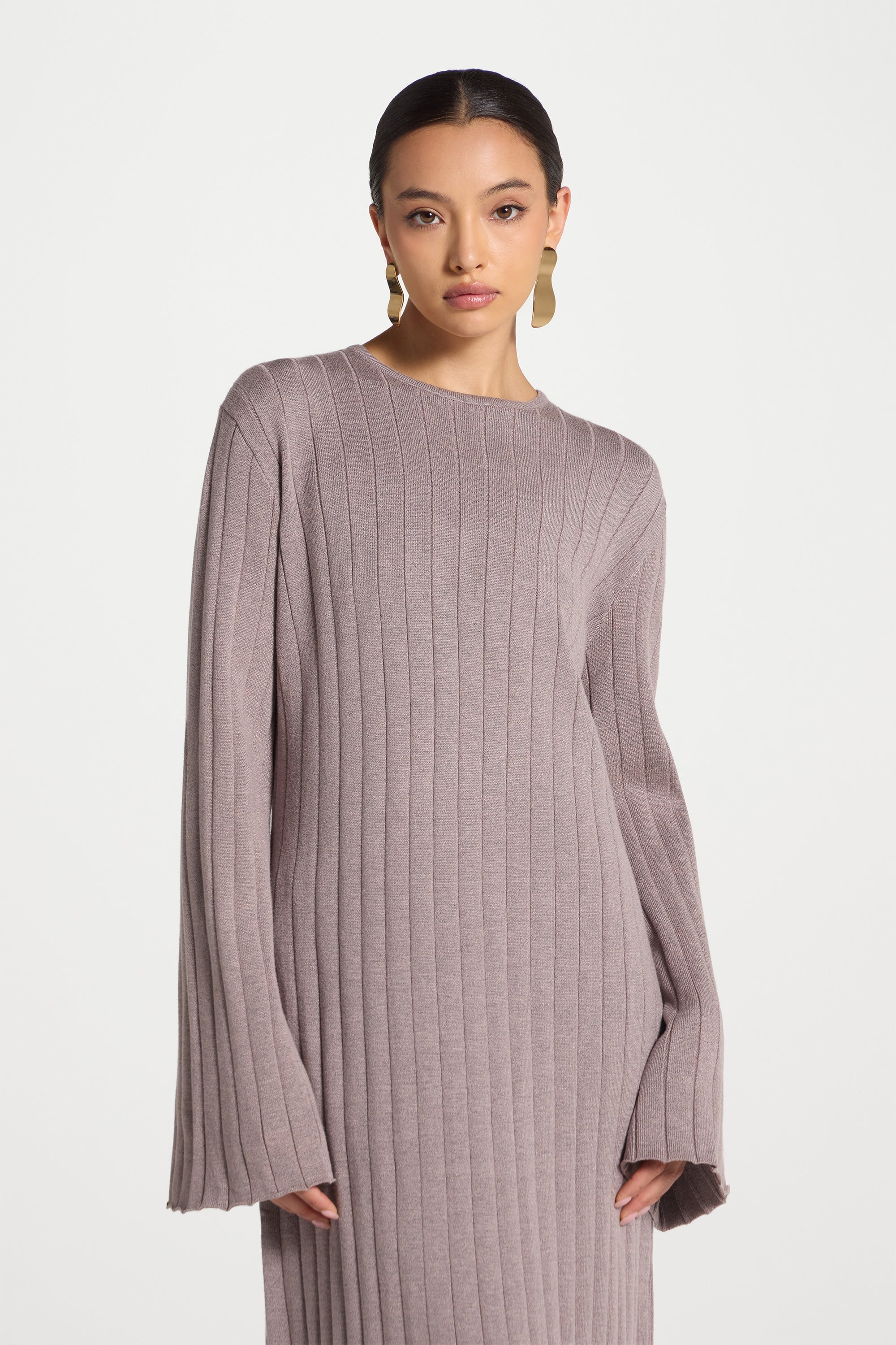 Knit Flare Sleeve Dress - Soft Mauve - Image 7