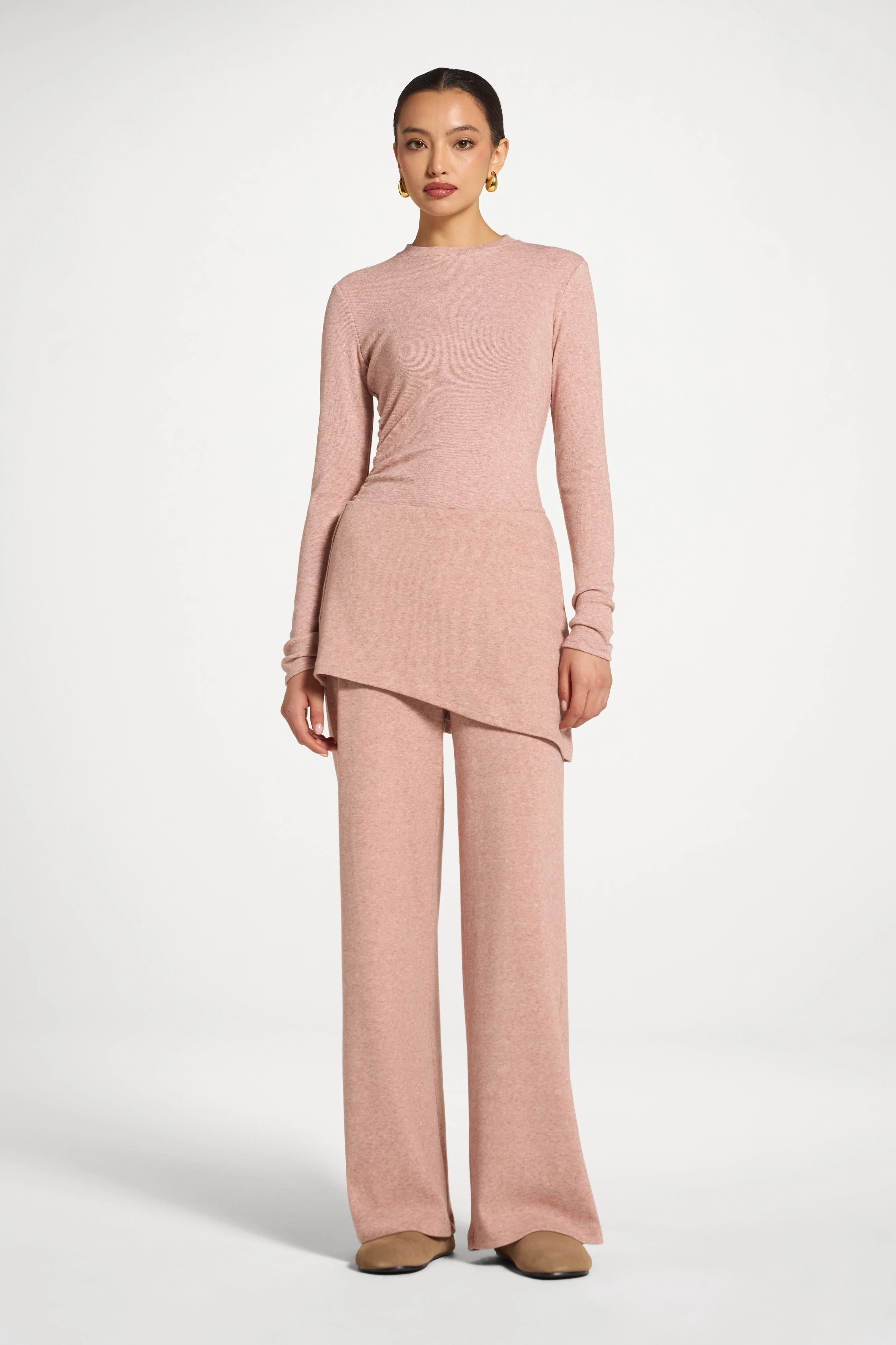 Ribbed Knit Foldover Wide Leg Pants - Rose