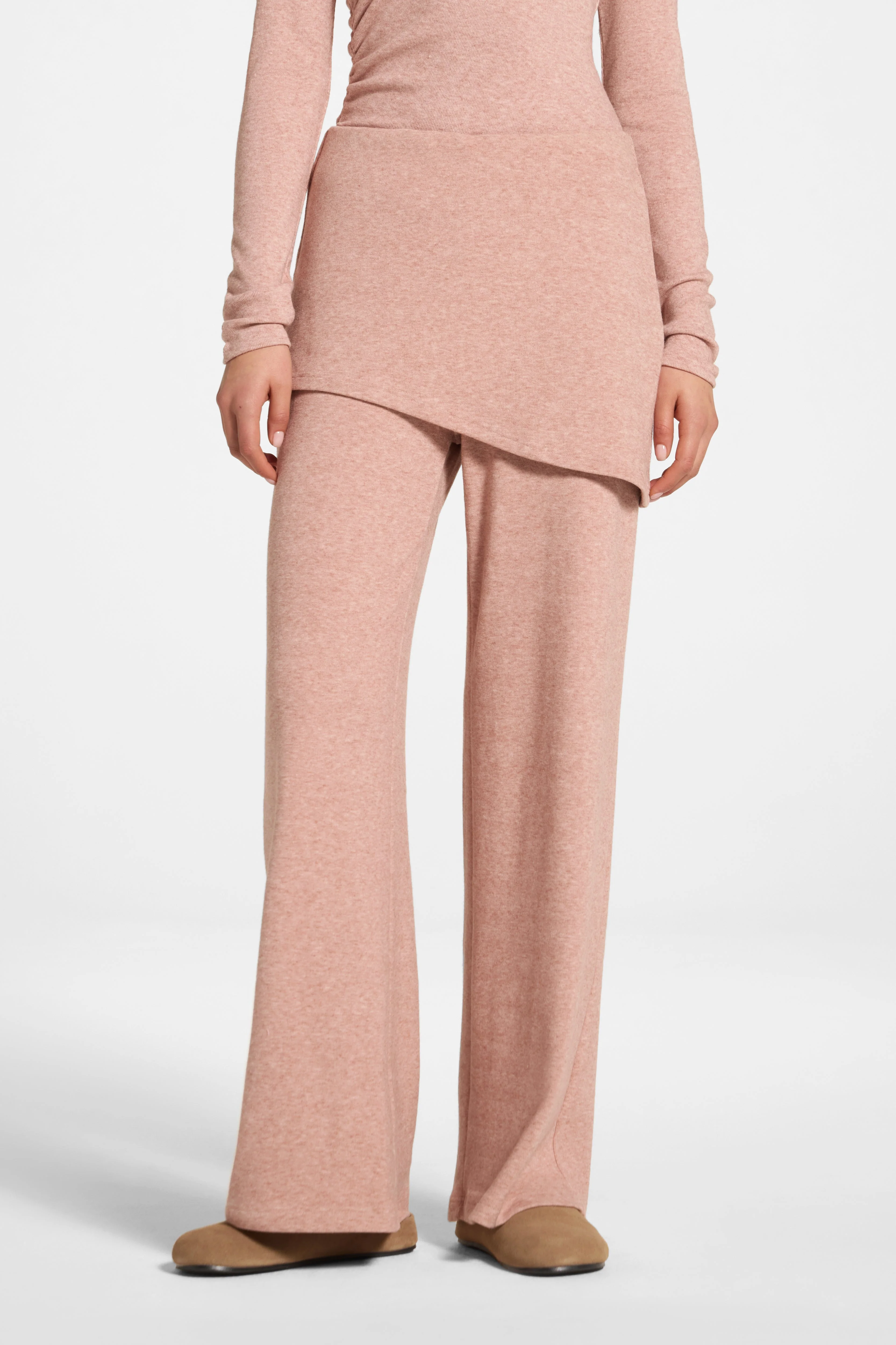 Ribbed Knit Foldover Wide Leg Pants - Rose - Image 2