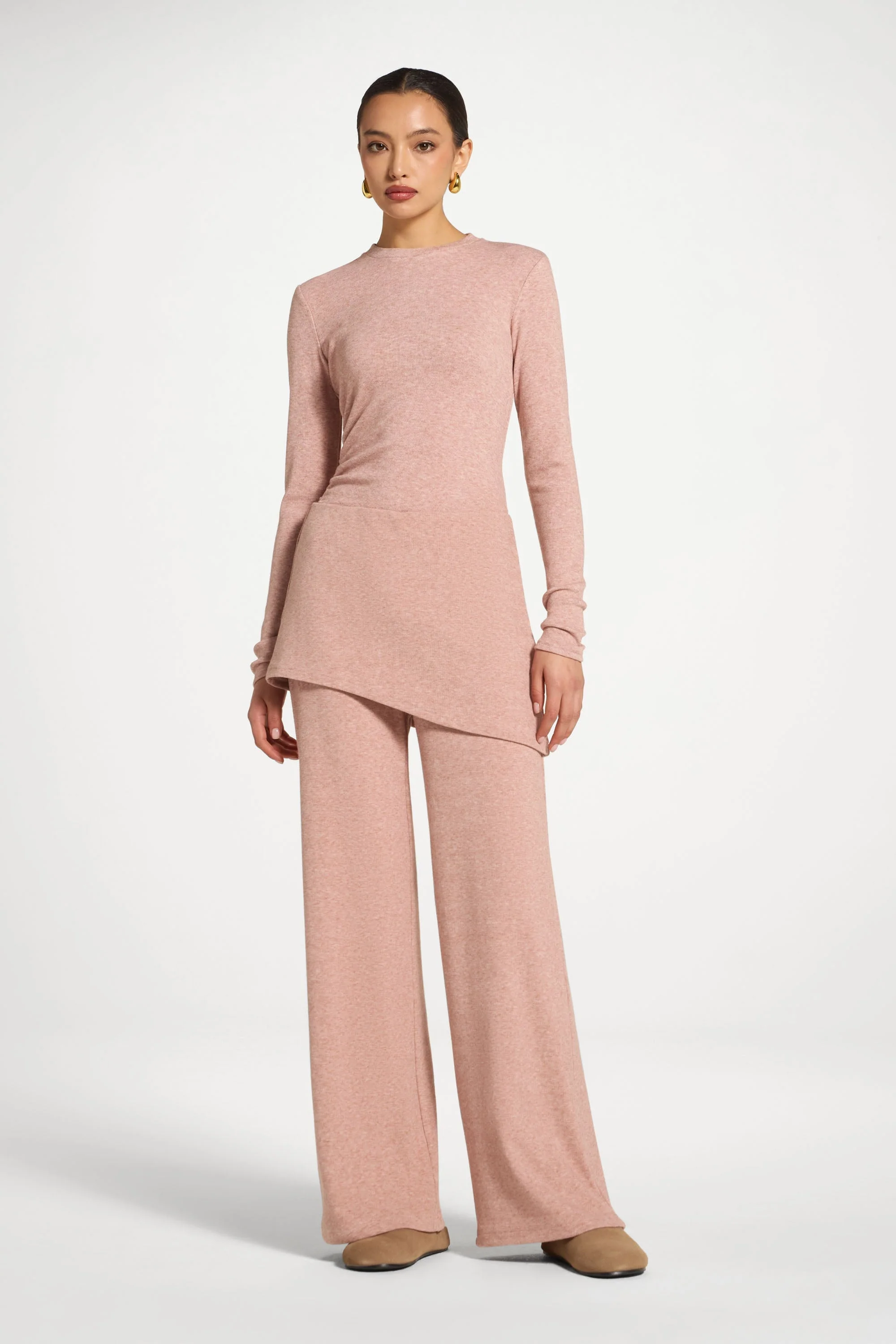 Ribbed Knit Foldover Wide Leg Pants - Rose - Image 4