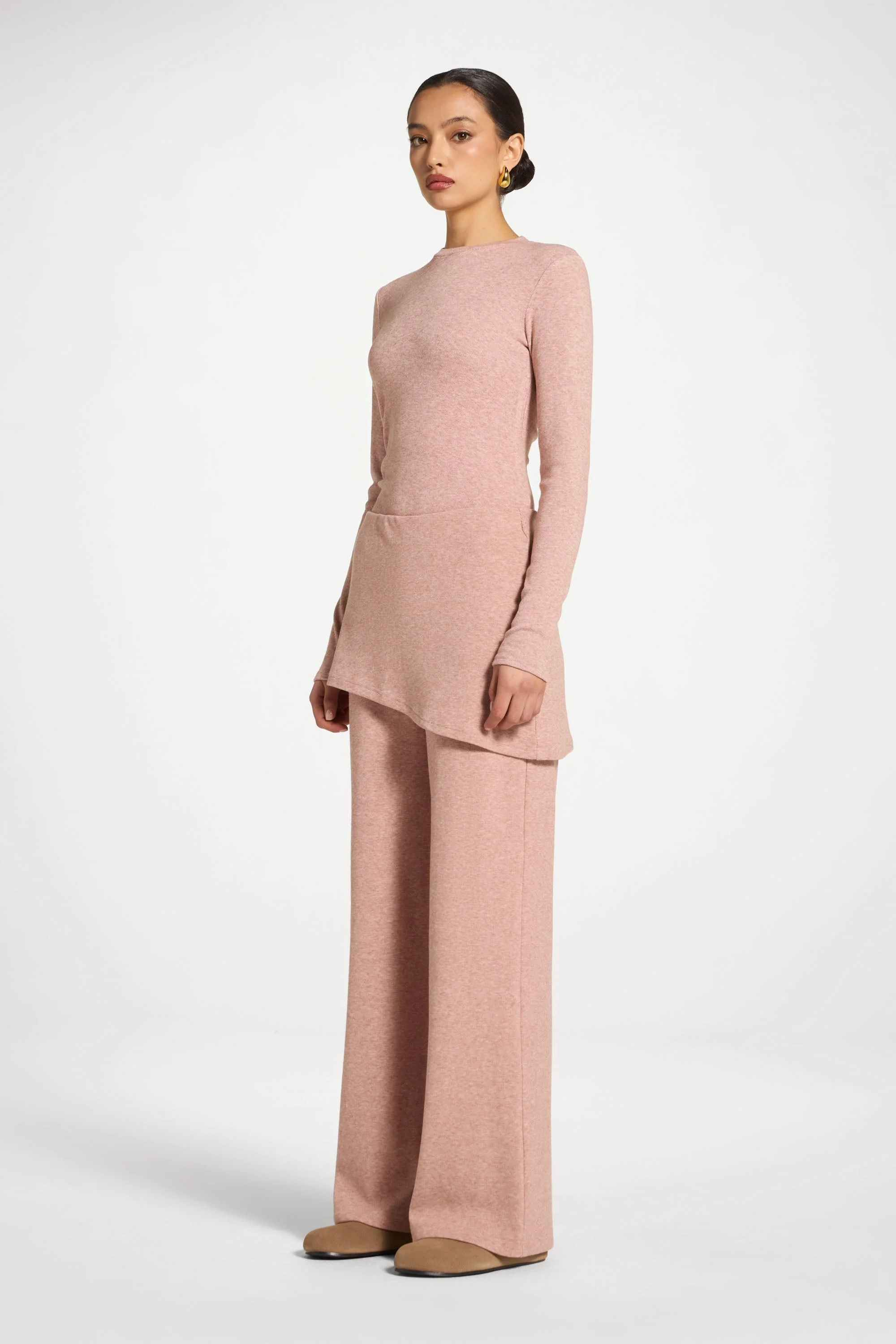 Ribbed Knit Foldover Wide Leg Pants - Rose - Image 5