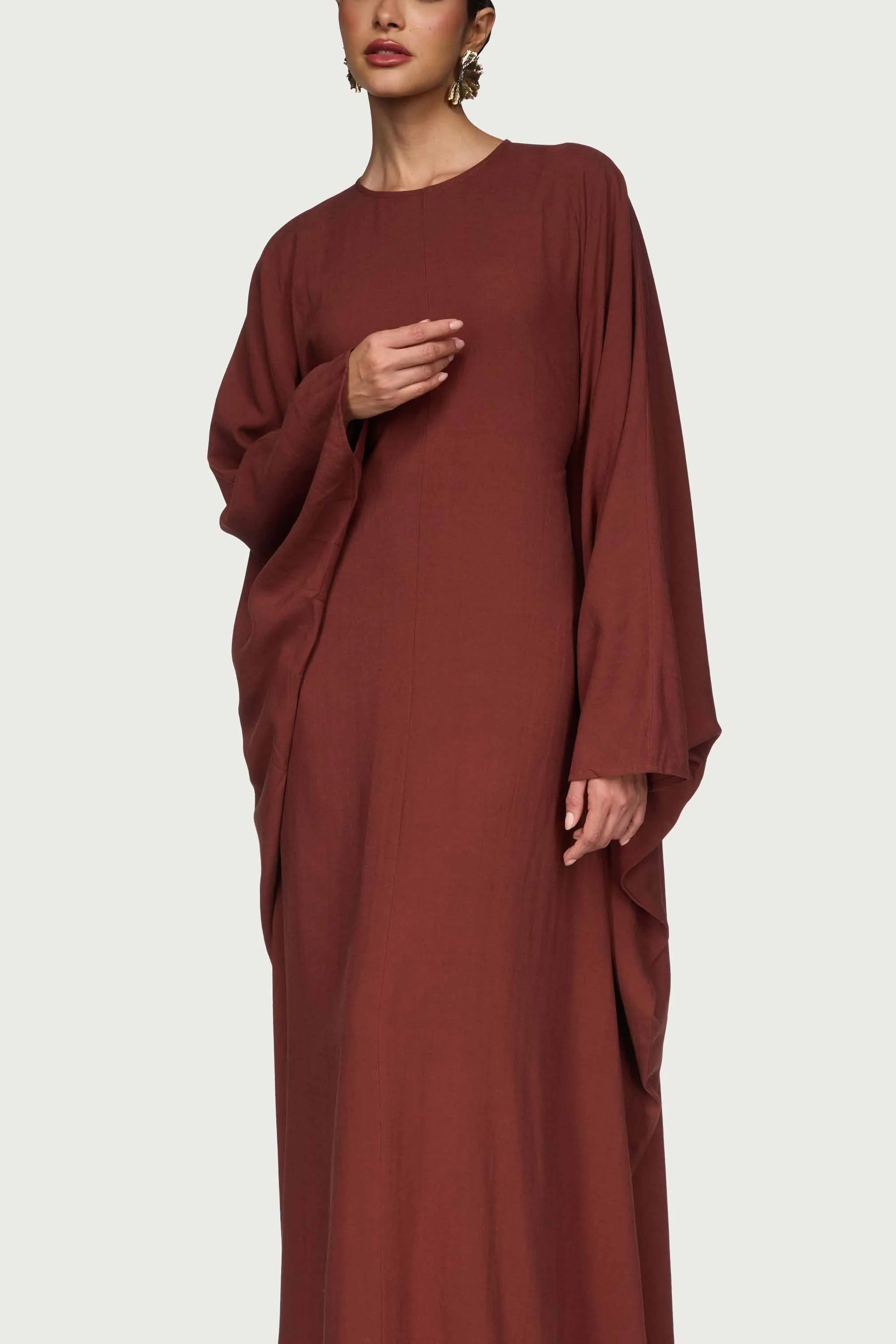 Linen Blend Butterfly Inner Tie Maxi Dress - Chocolate - Image 3