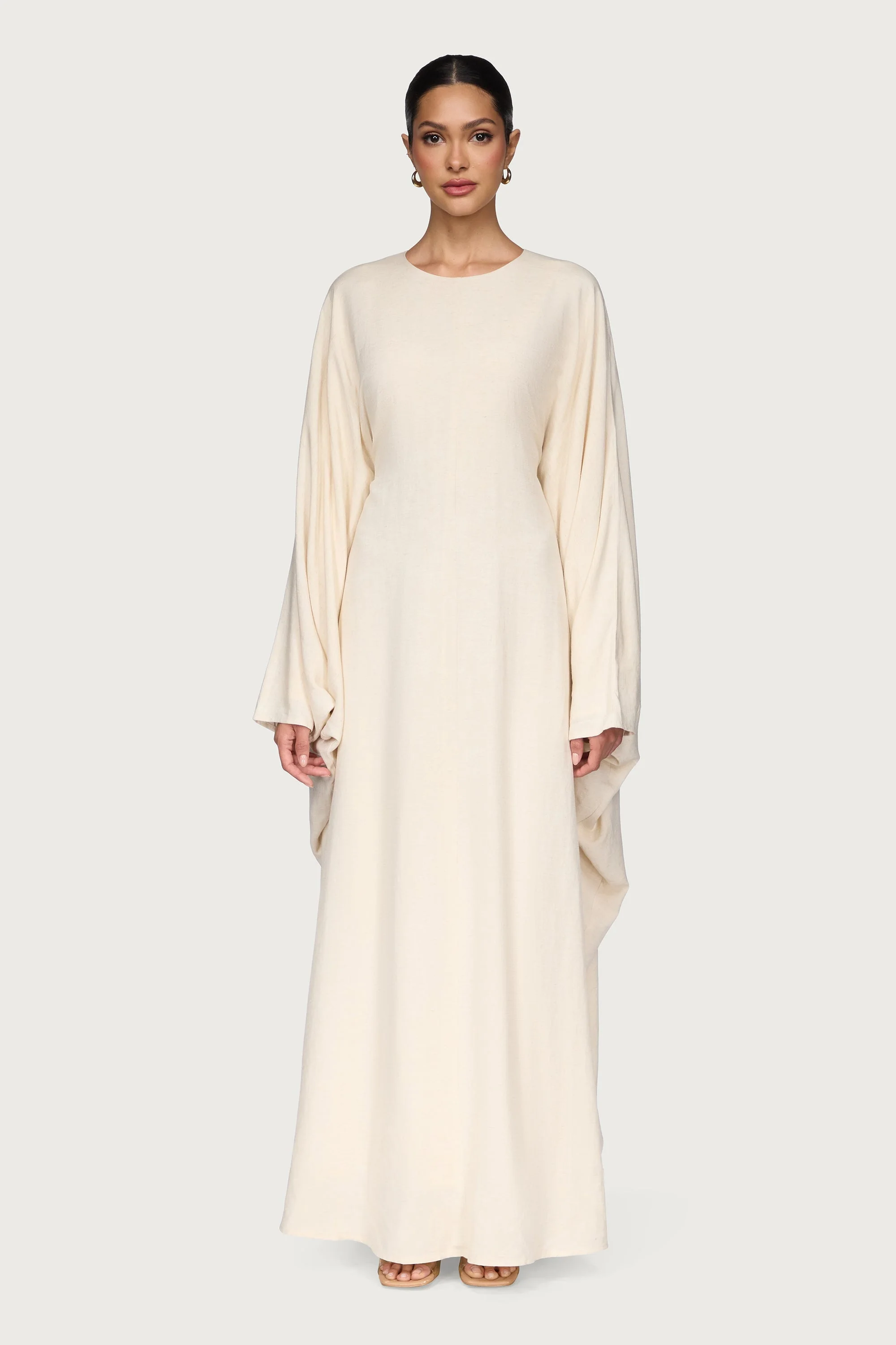 Linen Blend Butterfly Inner Tie Maxi Dress - Oatmeal - Image 3