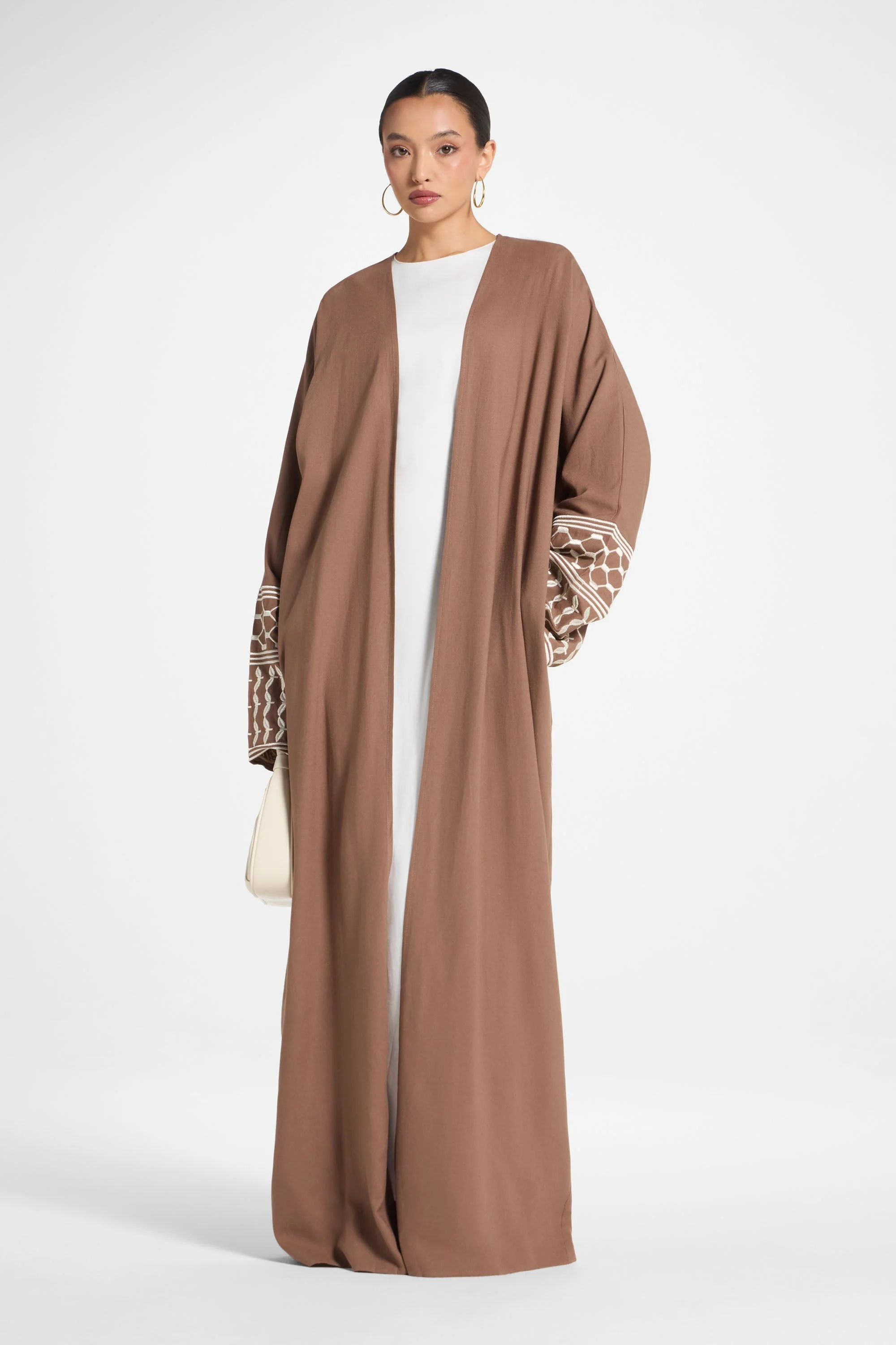 Linen Embroidered Open Abaya - Brown - Image 3