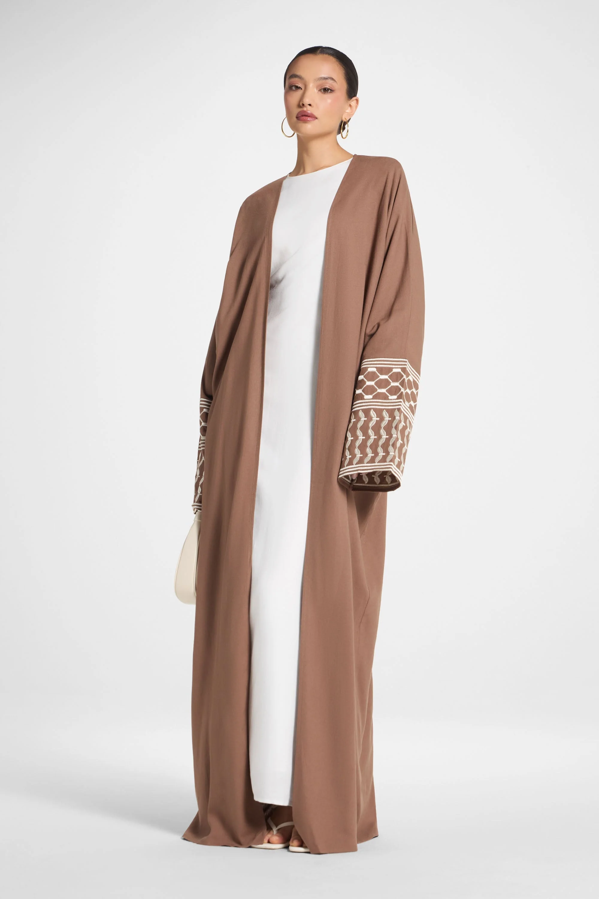 Linen Embroidered Open Abaya - Brown - Image 4