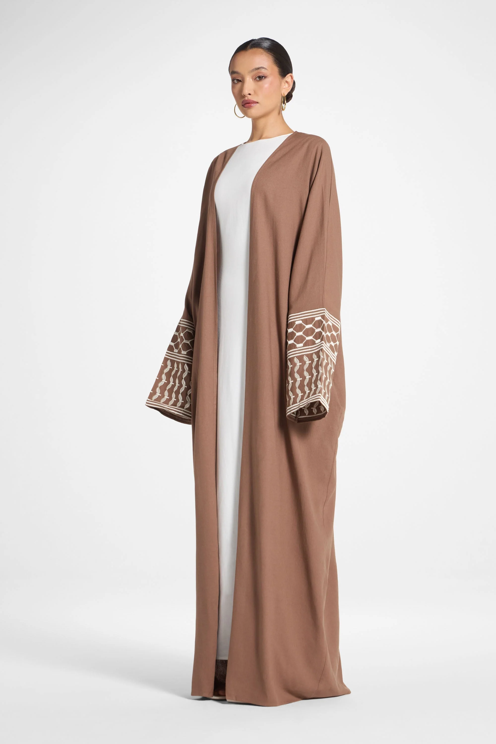 Linen Embroidered Open Abaya - Brown - Image 5