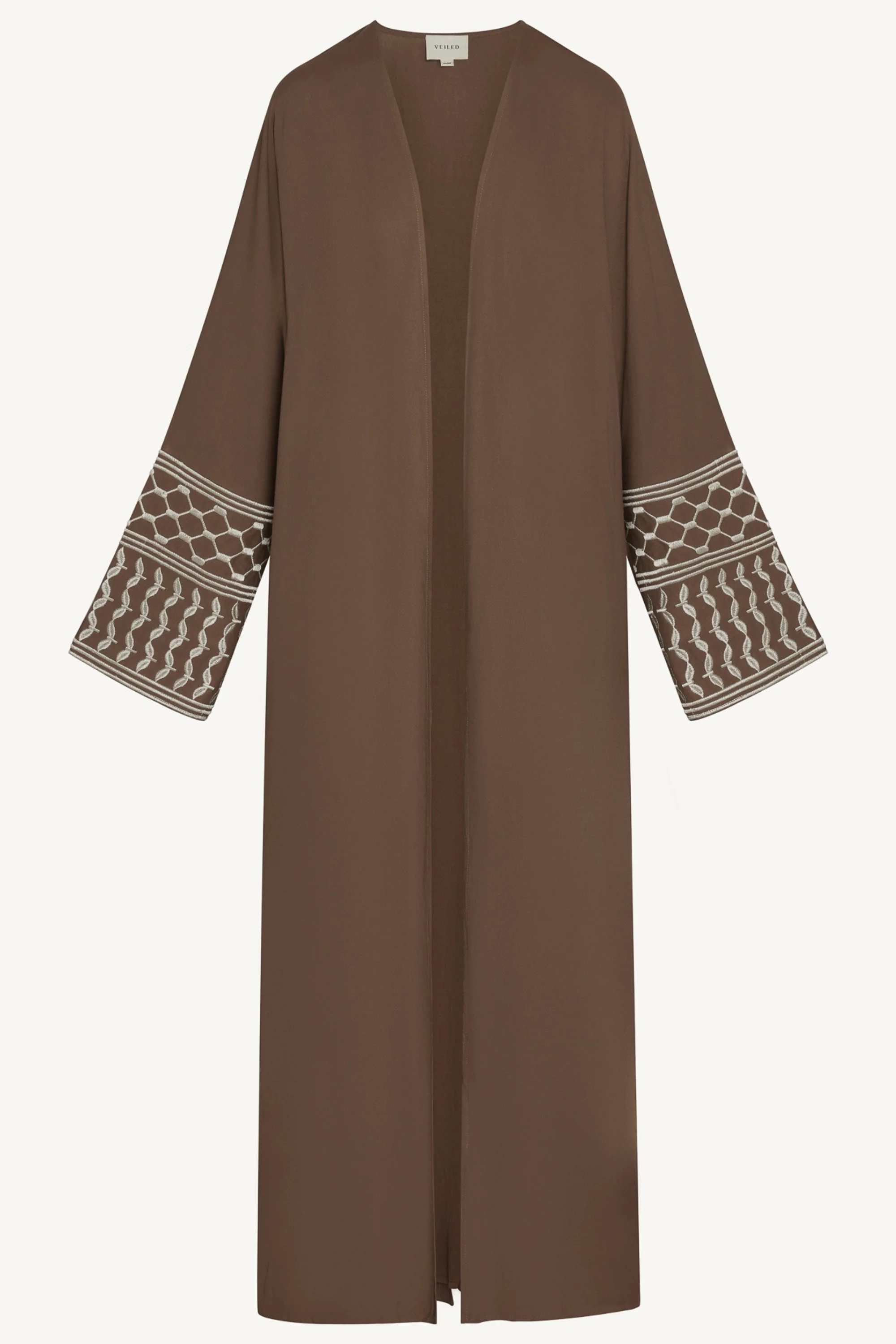 Linen Embroidered Open Abaya - Brown - Image 7