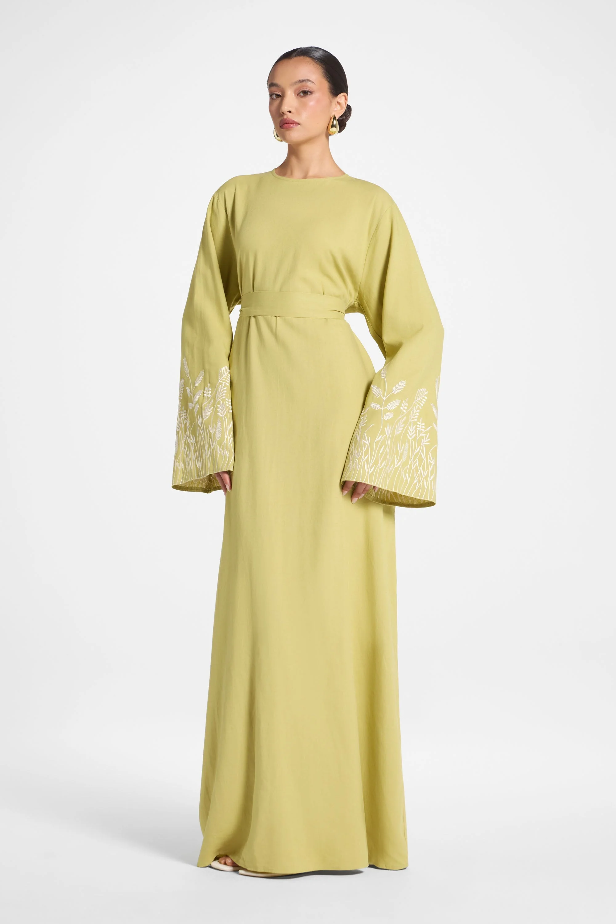 Linen Embroidered Maxi Dress - Citron - Image 6