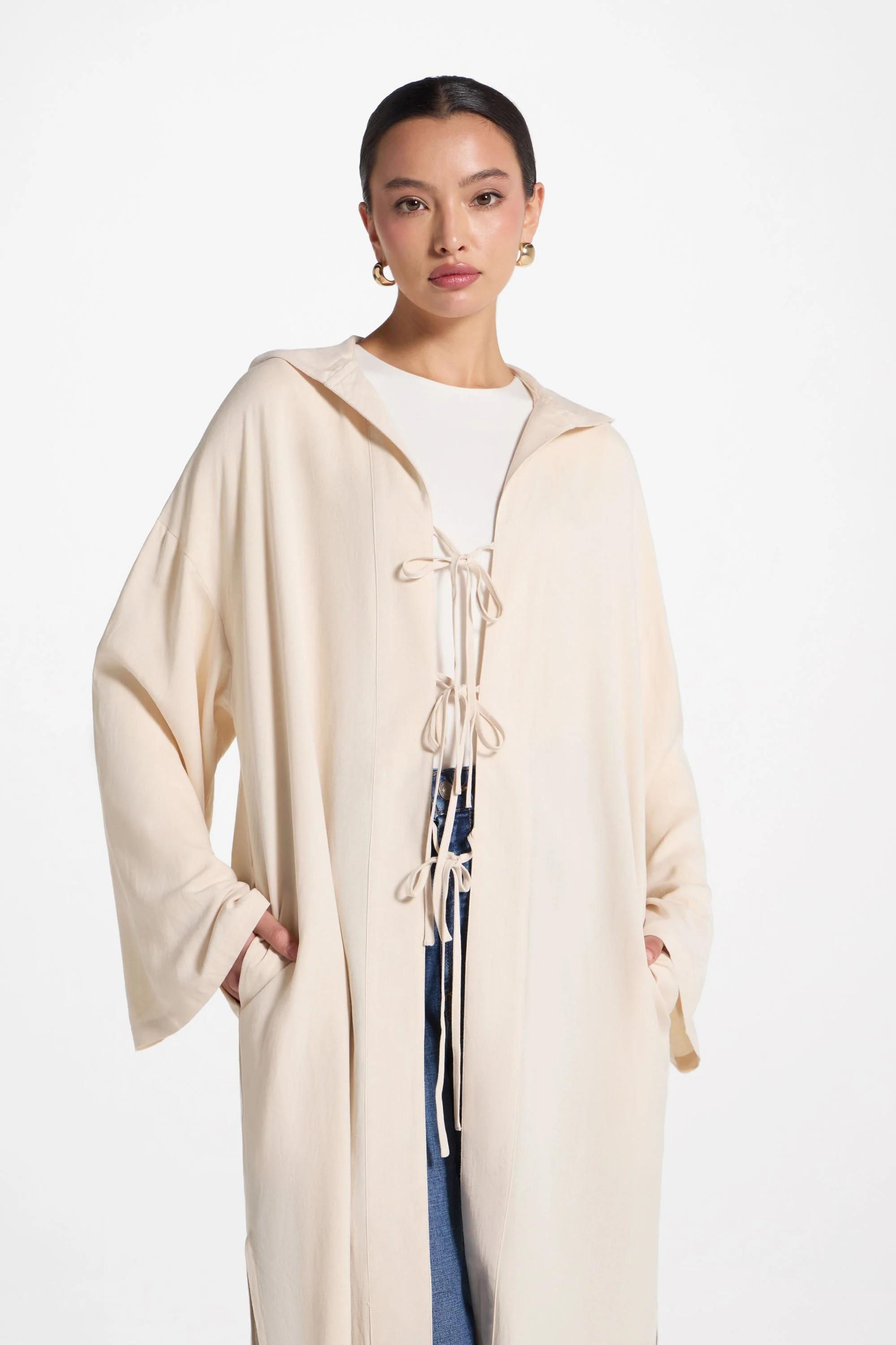 Linen Tie Front Top - Off White - Image 3